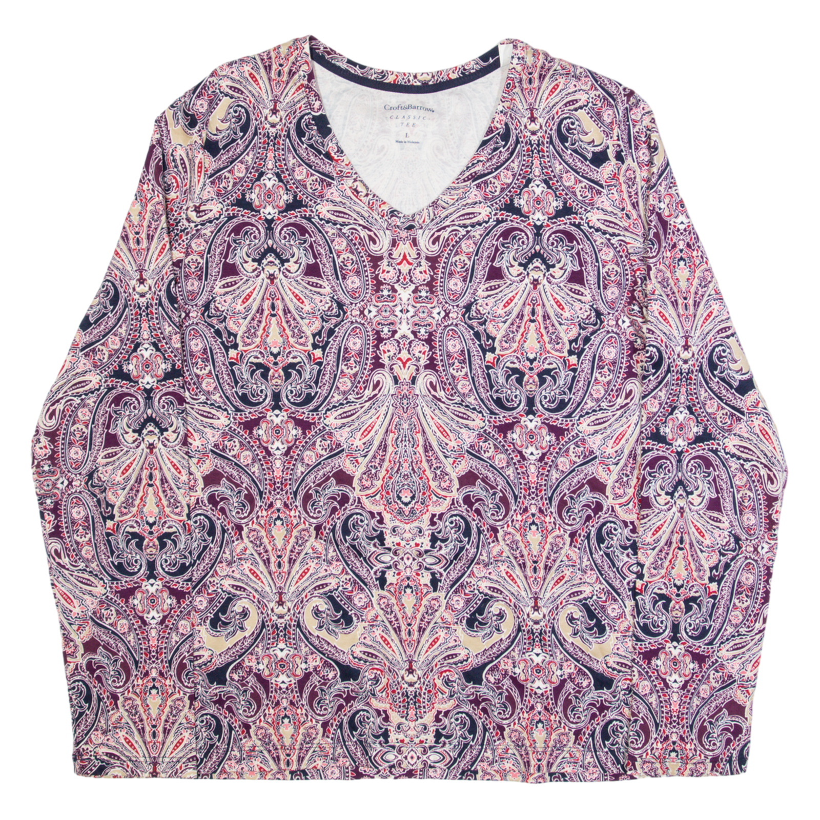 CROFT & BARROW Womens Printed Top Purple V-Neck Long Sleeve Paisley L Refurbished - N/A refurbished available on Cerqular