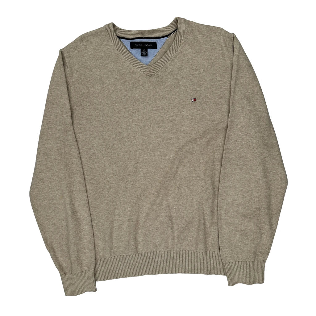 Tommy Hilfiger Jumper - Large Beige Cotton Refurbished - Thrifted (note: this is a term often used to describe second- refurbished available on Cerqular