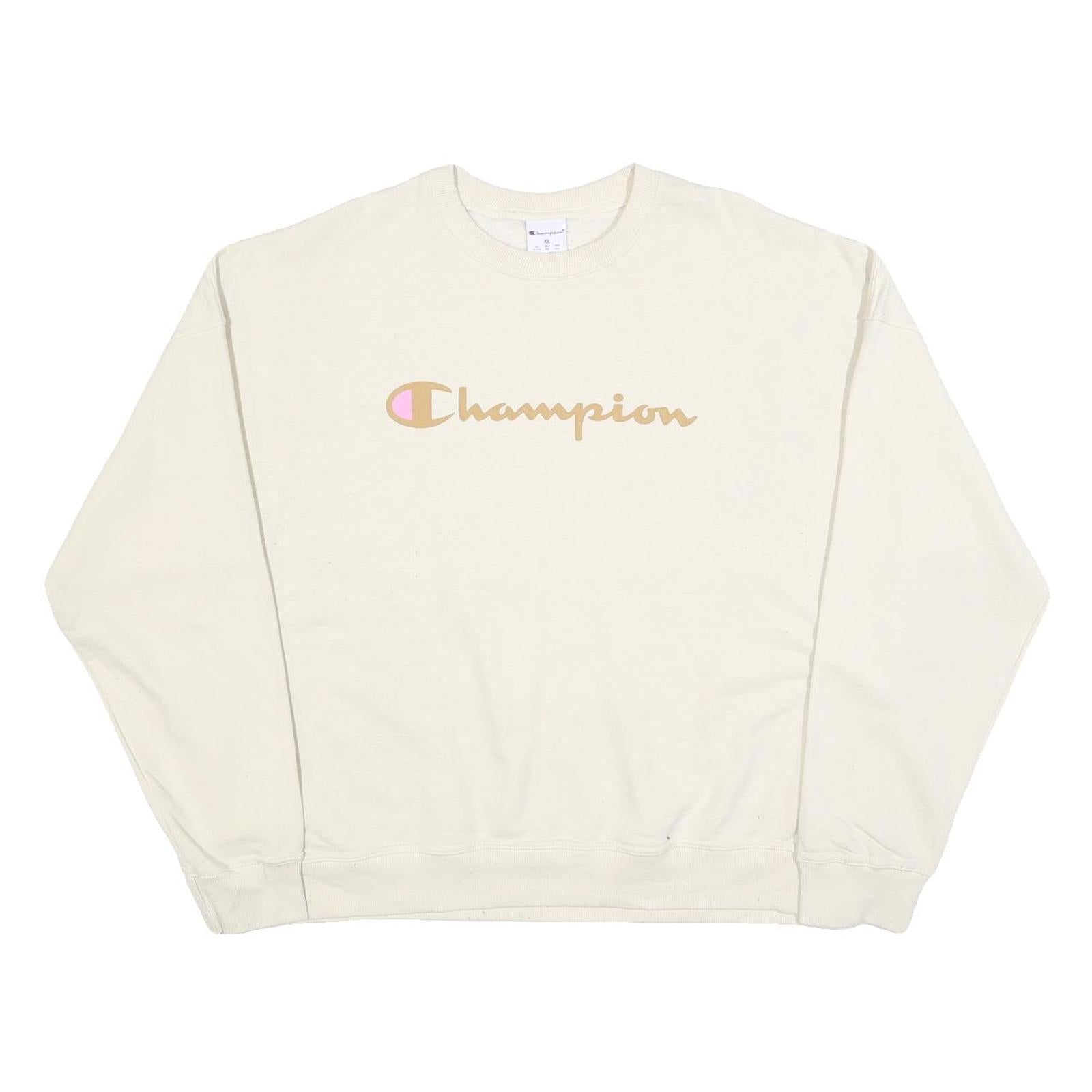 CHAMPION Womens Cream Cotton Blend Crew Neck XL Logo Sweatshirt Refurbished - N/A refurbished available on Cerqular