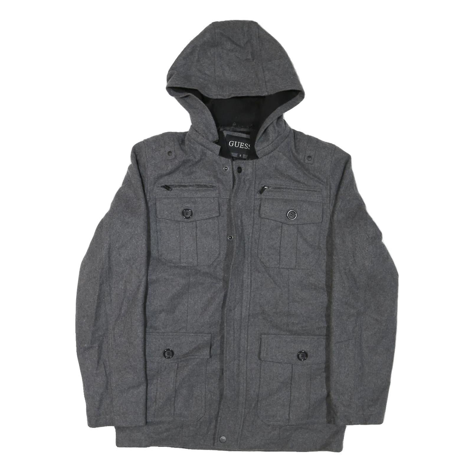 GUESS Mens Grey Hooded Jacket S Cotton Blend Zip Pocketed Casual Style Refurbished - N/A refurbished available on Cerqular