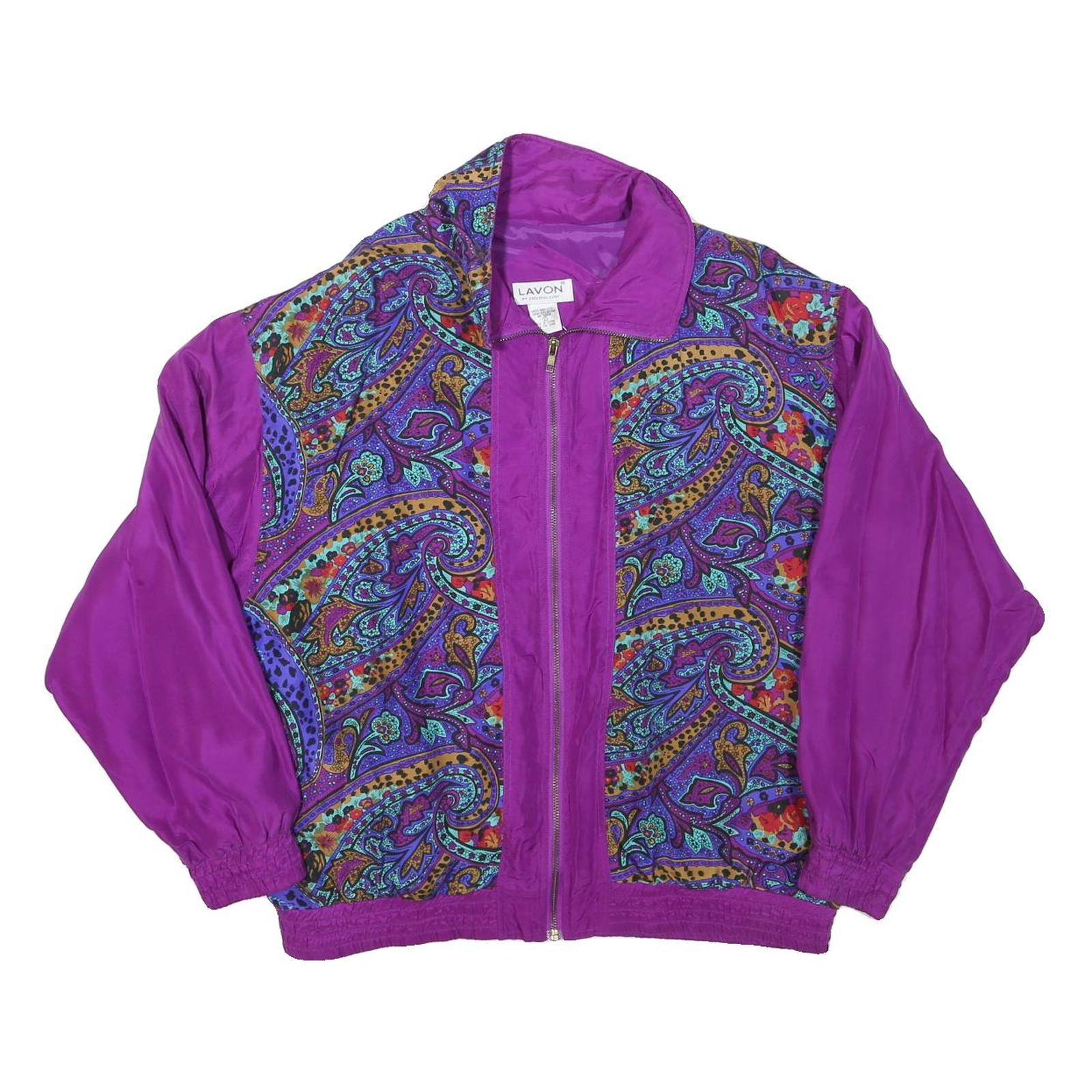 LAVON Womens Purple Paisley Bomber Jacket L Polyester Blend Zip Refurbished - N/A refurbished available on Cerqular