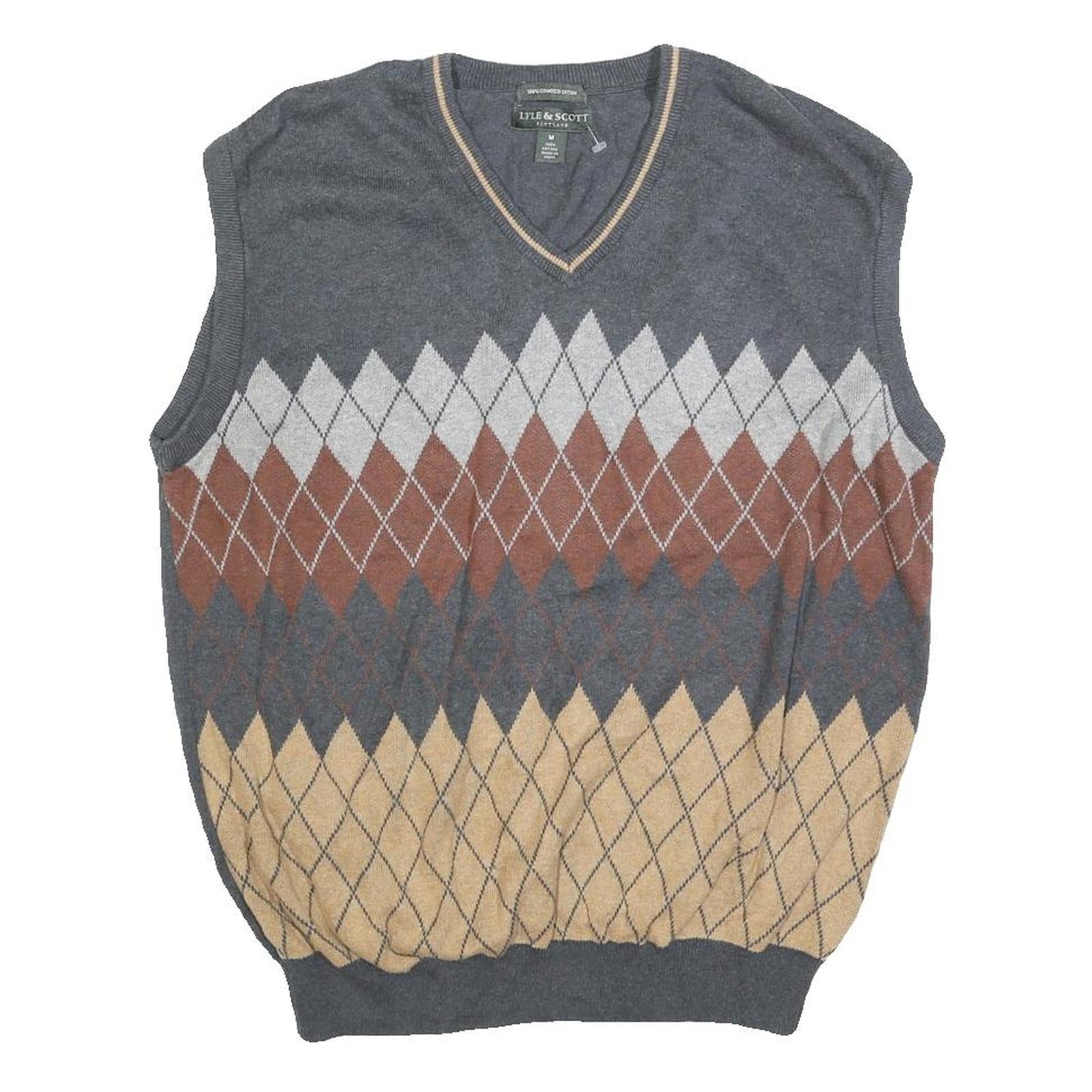 LYLE & SCOTT Mens Grey Brown Beige Argyle Pattern V-Neck Cotton Jumper Vest M Refurbished - N/A refurbished available on Cerqular