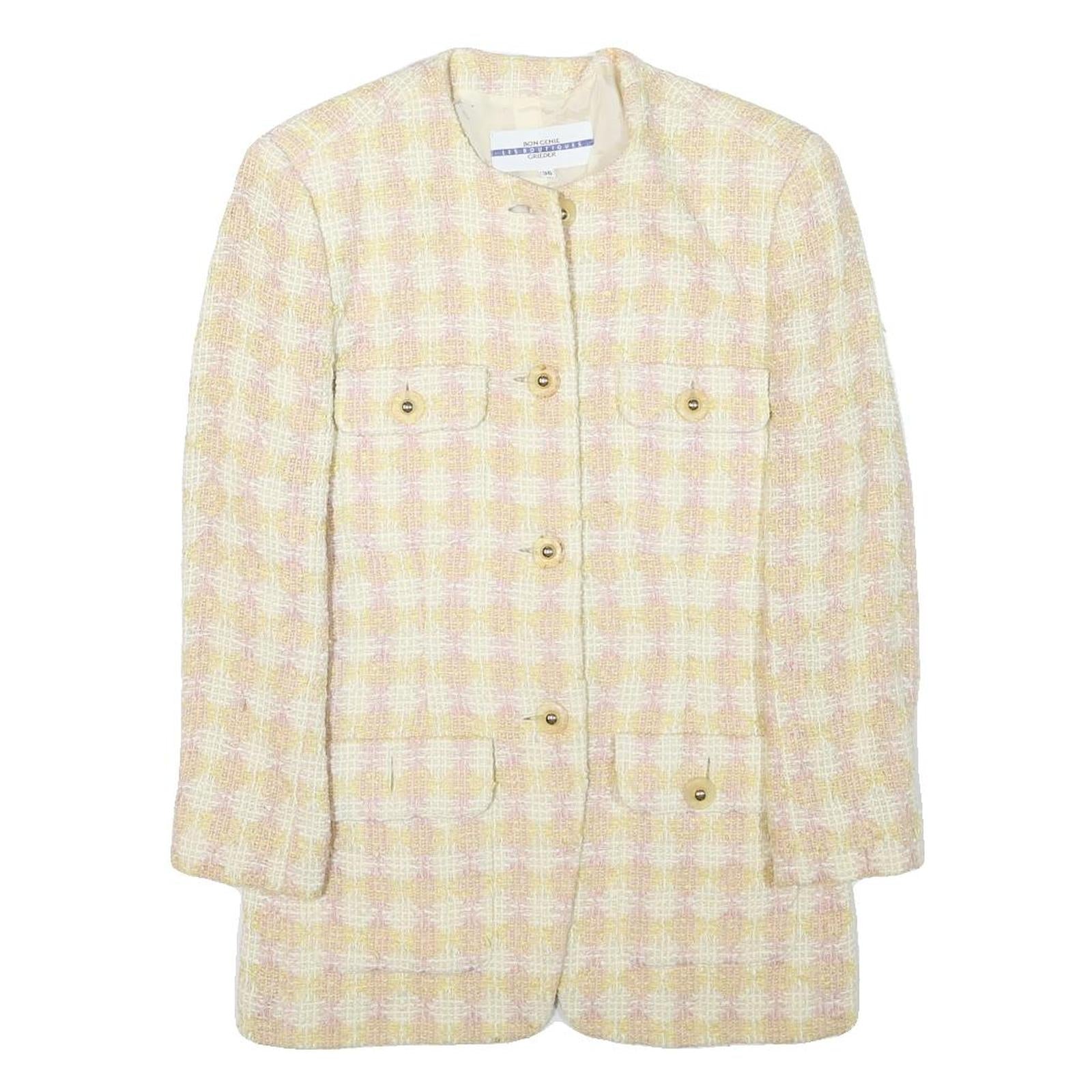 BON GENIE Womens Yellow & White Checked Wool Blend Button Jacket XXS Woven Refurbished - N/A refurbished available on Cerqular