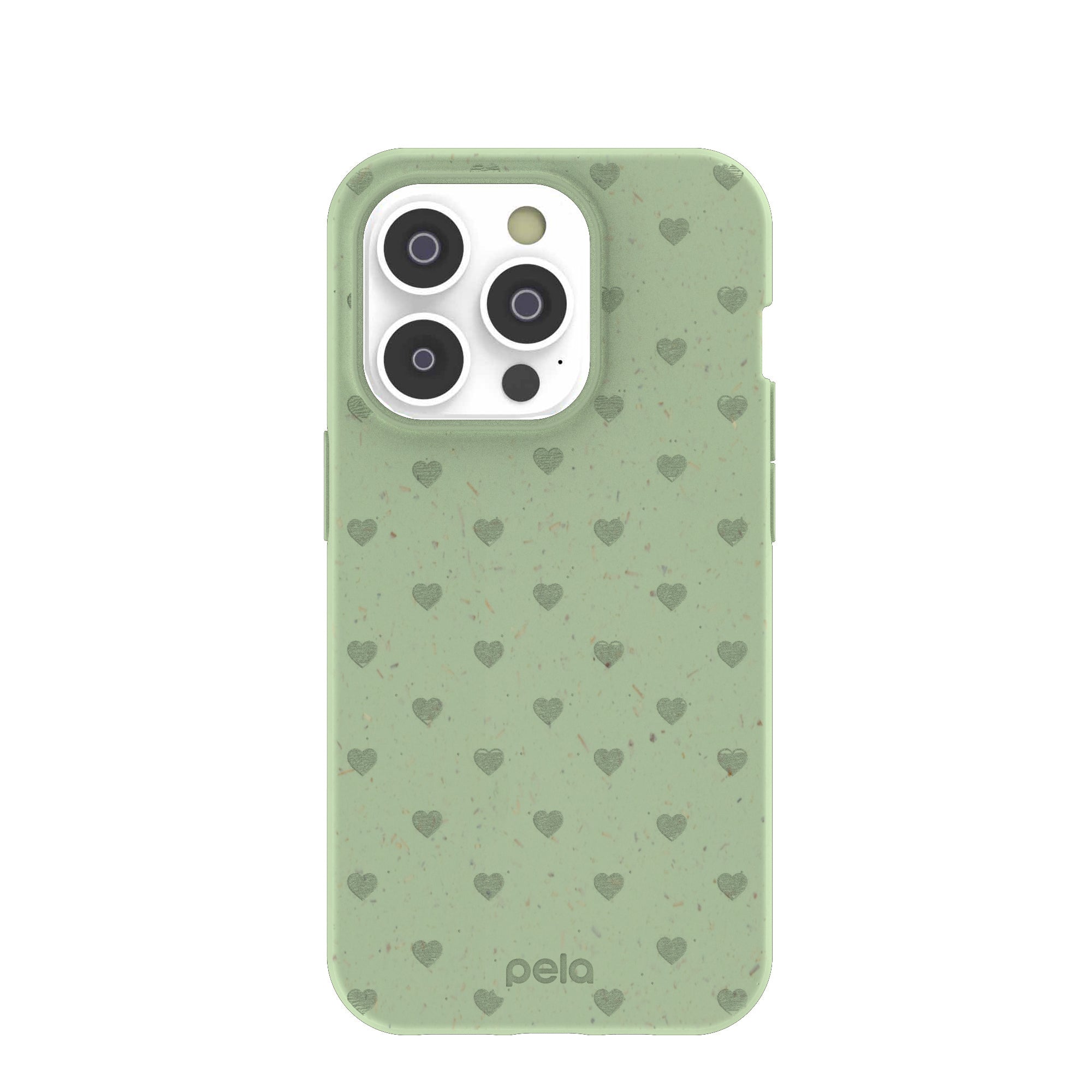 Sage Green Hearts iPhone 14 Pro Case Refurbished - Pela Case refurbished available on Cerqular