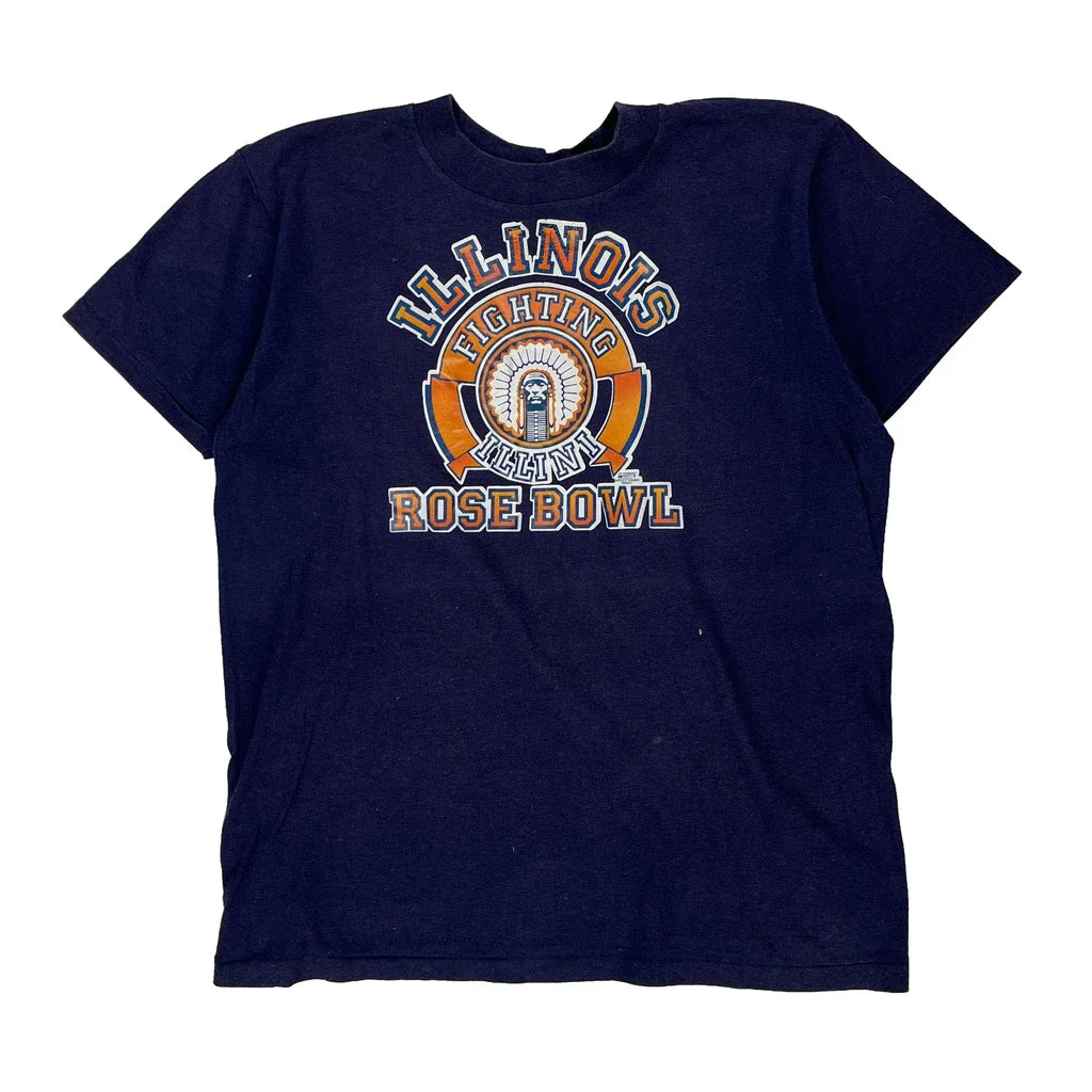 Illinois Fighting Illini Touch Of Gold Single Stitch T-Shirt - XL Blue Polyester Refurbished - Thrifted (note: this is a term often used to describe second- refurbished available on Cerqular