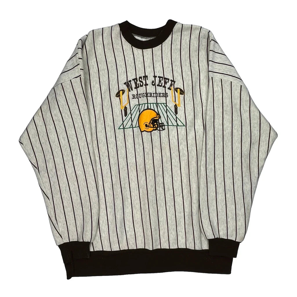 Buy Made In USA West Jeff Roughriders Pioneer Sports Striped Sweatshirt - 2XL Black Cotton Refurbished - $60.29 Made In USA West Jeff Roughriders Pioneer Sports Striped Sweatshirt - 2XL Black Cotton Refurbished - Thrifted (note: this is a term often used to describe second- refurbished available on Cerqular