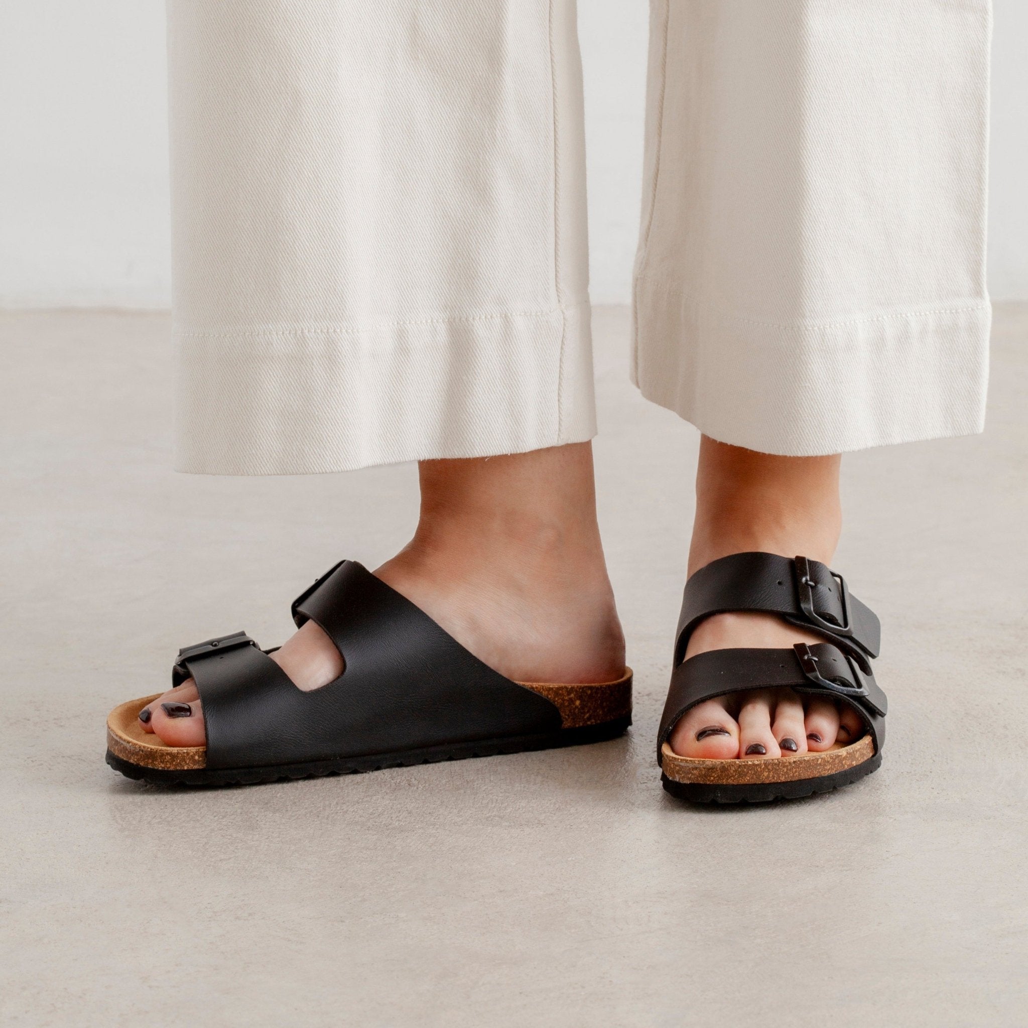 Marbella Vegan Leather Slip On Cork Sandal - Black | Select Size: 7 US (38EU) | Color: Black Refurbished - N/A refurbished available on Cerqular