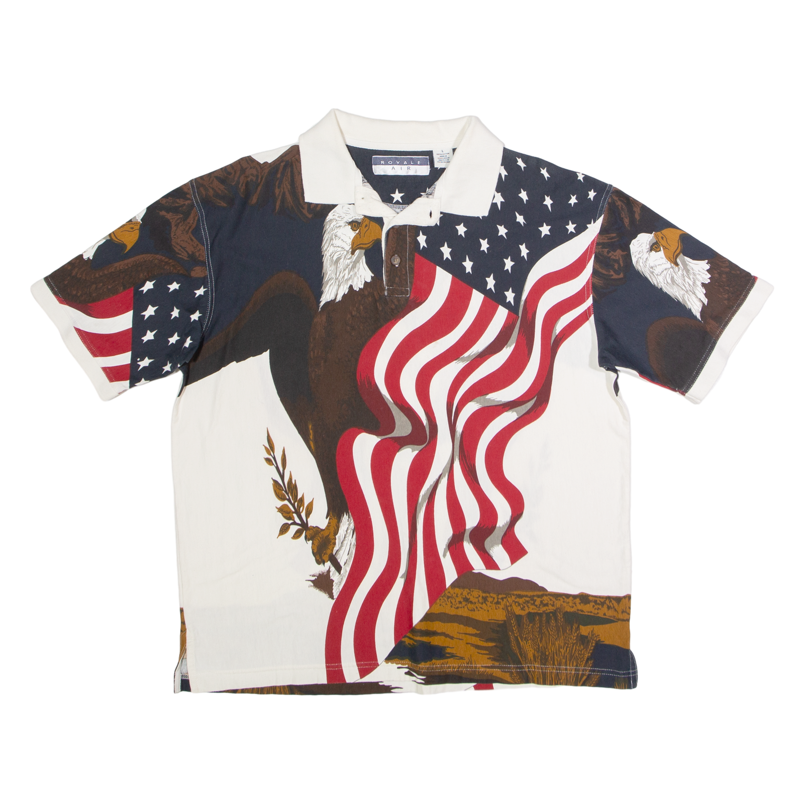 ROYALE AIR USA Flag Eagle Mens Polo Shirt White 90s Crazy Pattern L Refurbished - N/A refurbished available on Cerqular
