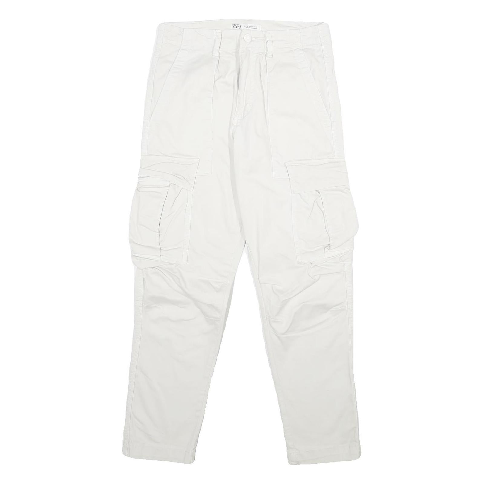 ZARA Mens White Cotton Blend Regular Cargo Trousers W30 L30 Utility Pockets Zip Refurbished - N/A refurbished available on Cerqular