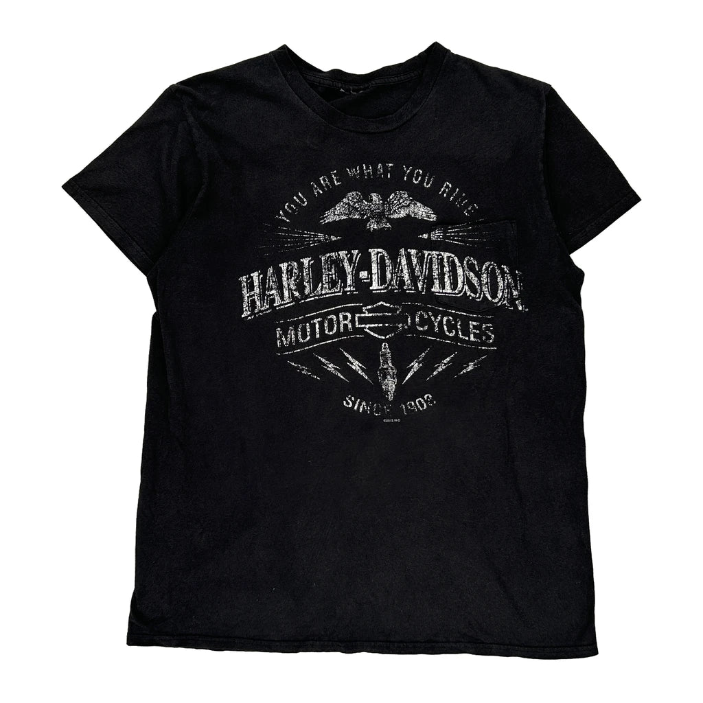 Harley Davidson Graphic T-Shirt - Medium Black Cotton Refurbished - Thrifted (note: this is a term often used to describe second- refurbished available on Cerqular