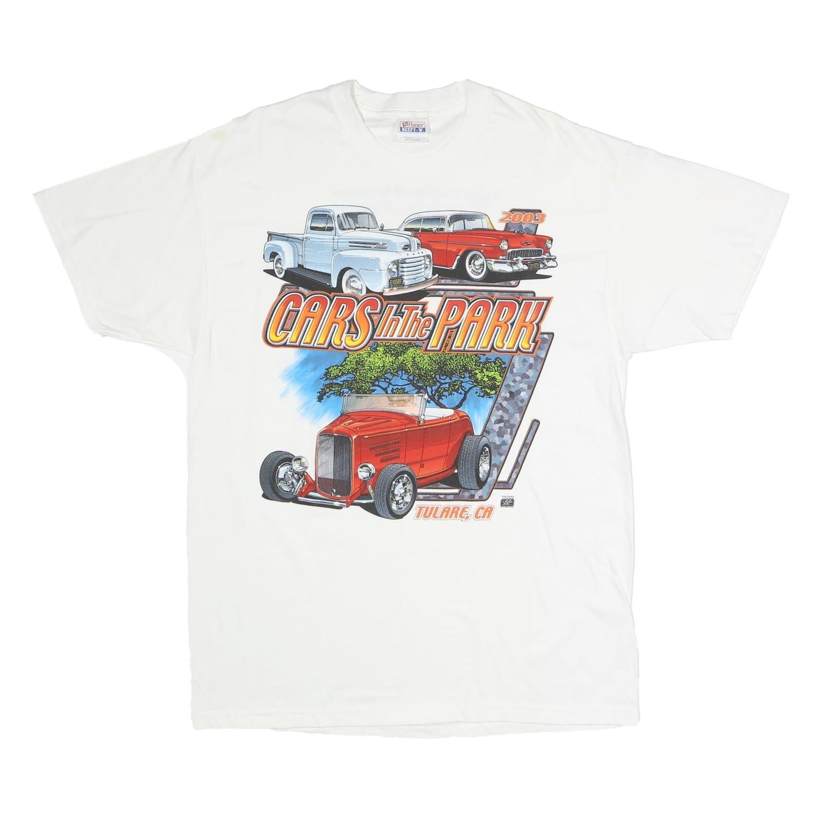 HANES Mens White Cars In The Park Graphic T-Shirt L Short Sleeve Crew Neck Refurbished - N/A refurbished available on Cerqular