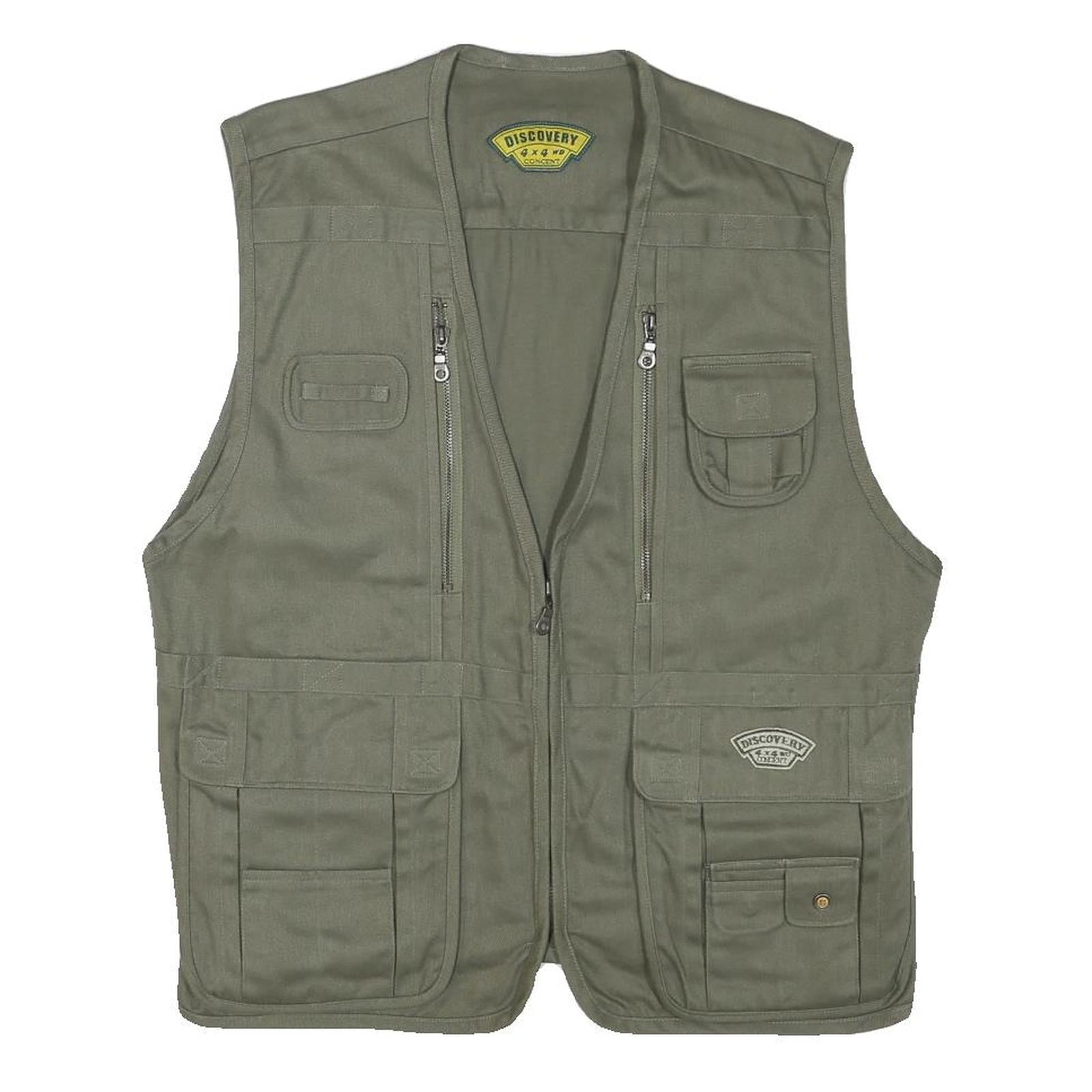 DISCOVERY Mens Green Cotton Blend Utility Vest L Woven Zip Pockets Outdoor Refurbished - N/A refurbished available on Cerqular