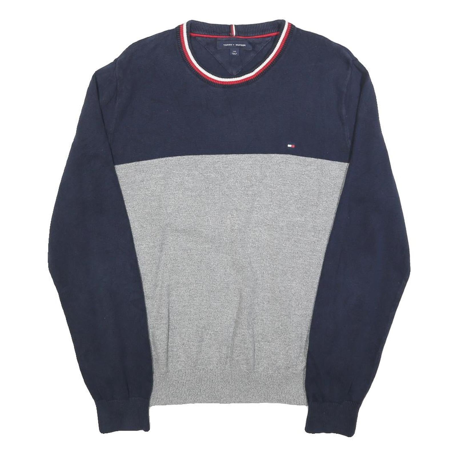 TOMMY HILFIGER Mens Navy & Grey Colourblock Plain Crew Neck Basic Knit Jumper L Refurbished - N/A refurbished available on Cerqular