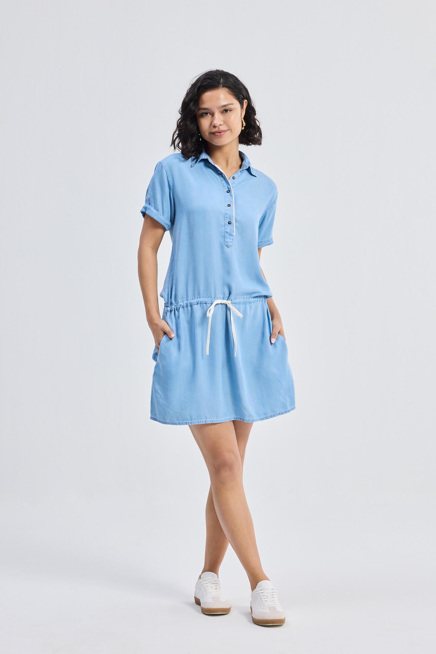 Drawstring Denim Shirt Dress with Front Buttons in Blue | Color: Ocean Blue | Size: XS Refurbished - Resistor (Note: This is a generic term for an electronic component, refurbished available on Cerqular