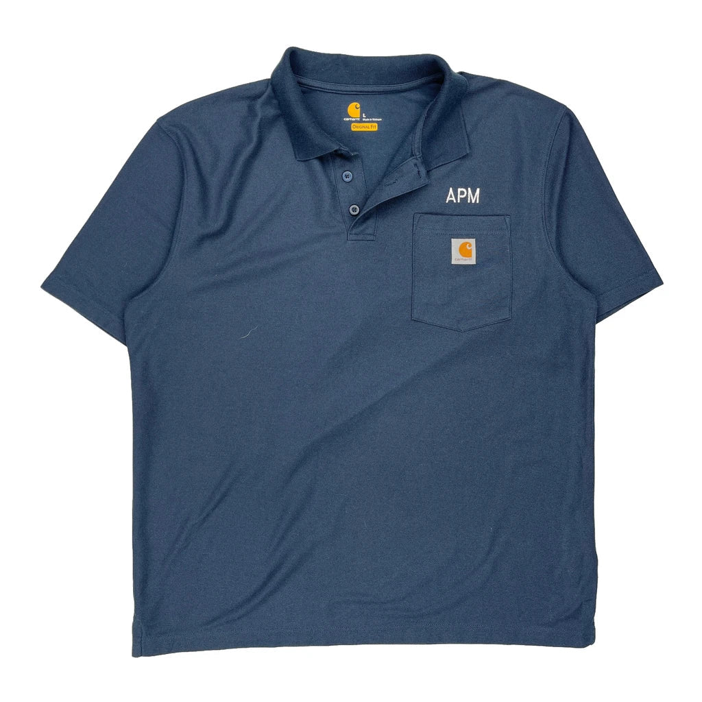 Carhartt Polo Shirt - Large Blue Polyester Refurbished - Thrifted (note: this is a term often used to describe second- refurbished available on Cerqular