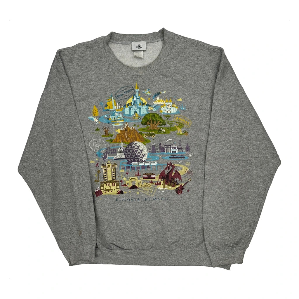 Discover The Magic Disney Graphic Sweatshirt - XL Grey Cotton Blend Refurbished - Thrifted (note: this is a term often used to describe second- refurbished available on Cerqular
