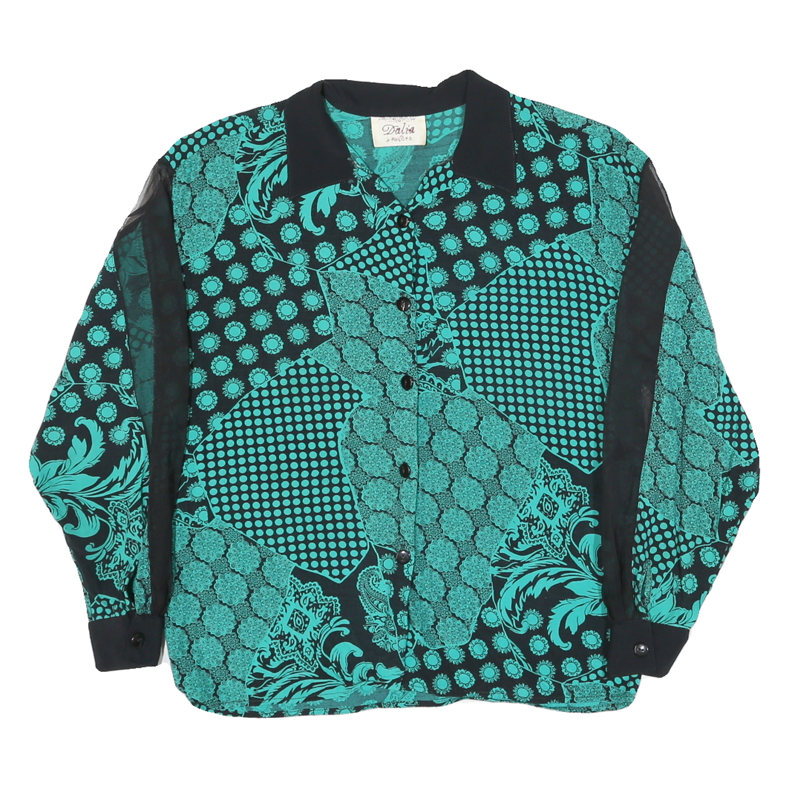 DALIA Womens Black & Turquoise Printed Polyester Blend Shirt M Long Sleeve Refurbished - N/A refurbished available on Cerqular