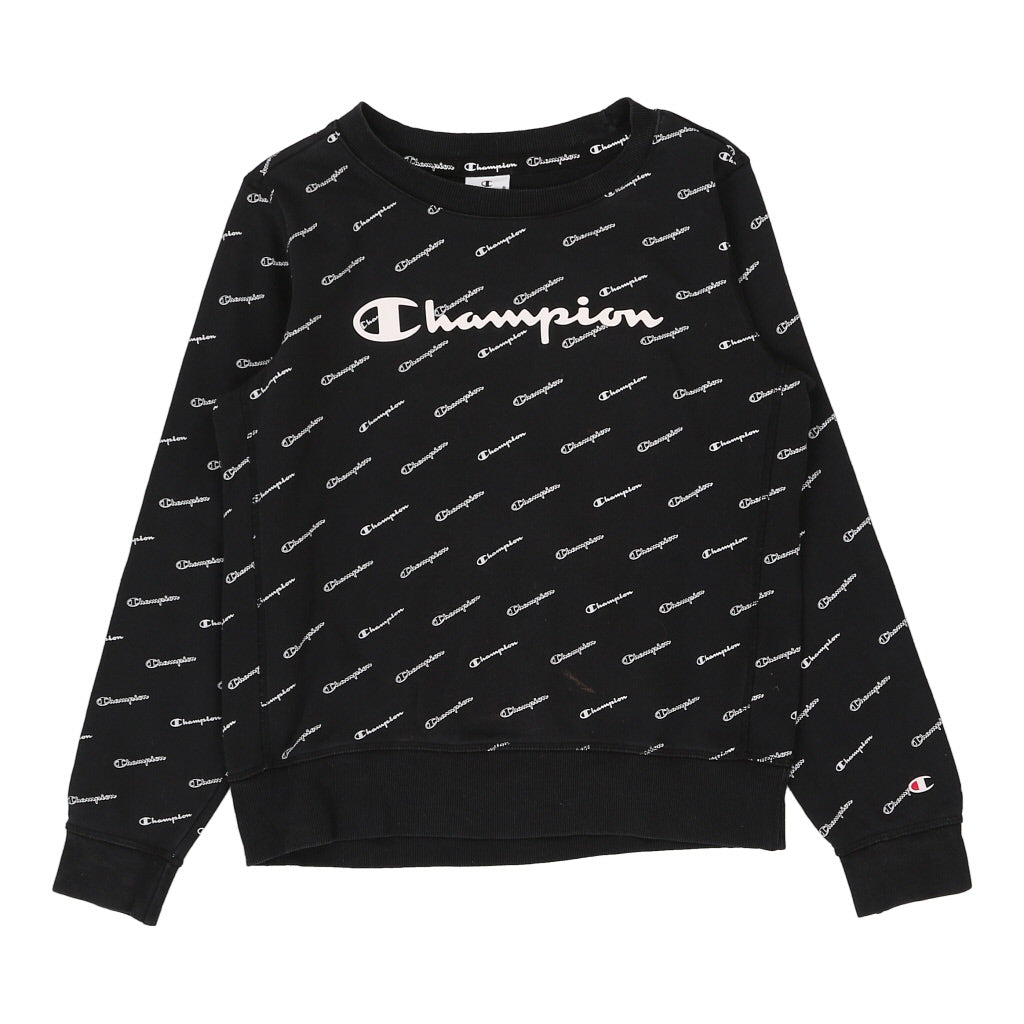 Champion Spellout Sweatshirt - Medium Black Cotton Refurbished - Thrifted (note: this is a term often used to describe second- refurbished available on Cerqular