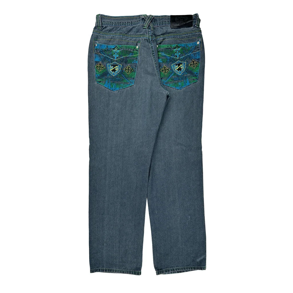 Buy Embroidered Patches Jinzu Graphic Jeans - 33W 34L Blue Cotton Refurbished - $84.41 Embroidered Patches Jinzu Graphic Jeans - 33W 34L Blue Cotton Refurbished - Thrifted (note: this is a term often used to describe second- refurbished available on Cerqular