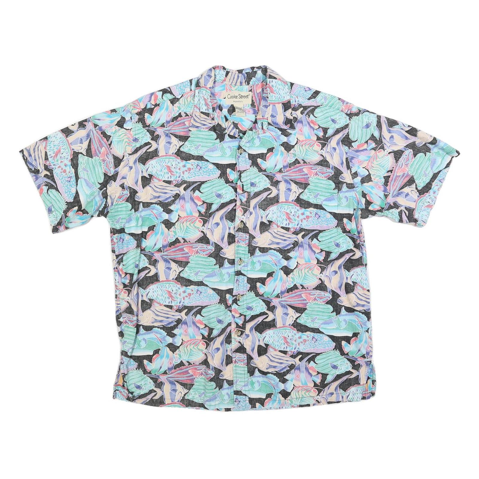 COOKE STREET Mens Black & Pastel Fish Print Cotton Shirt L Casual Holiday Refurbished - N/A refurbished available on Cerqular