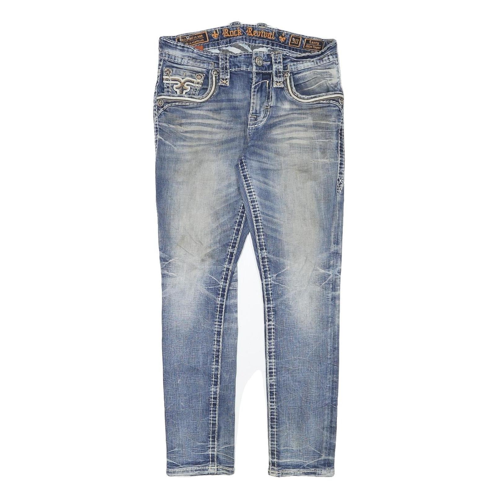 ROCK REVIVAL Womens Slim Blue Denim Jeans W30 L28 Embroidered Back Pockets Zip Refurbished - N/A refurbished available on Cerqular