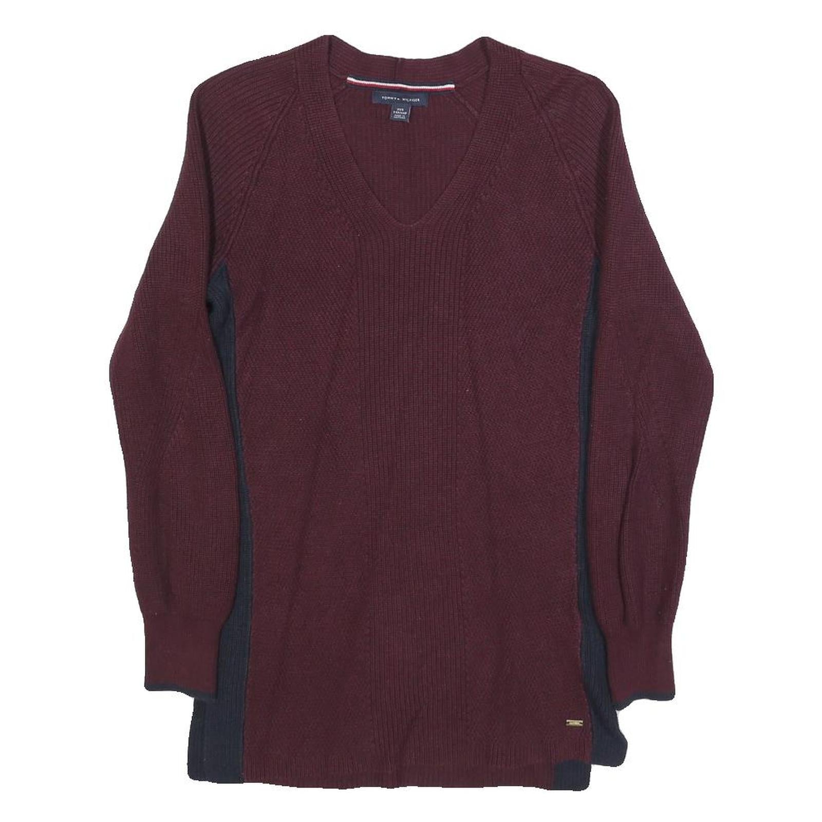 TOMMY HILFIGER Womens Maroon & Navy Patterned Jumper V-Neck Cable Knit XXS Refurbished - N/A refurbished available on Cerqular