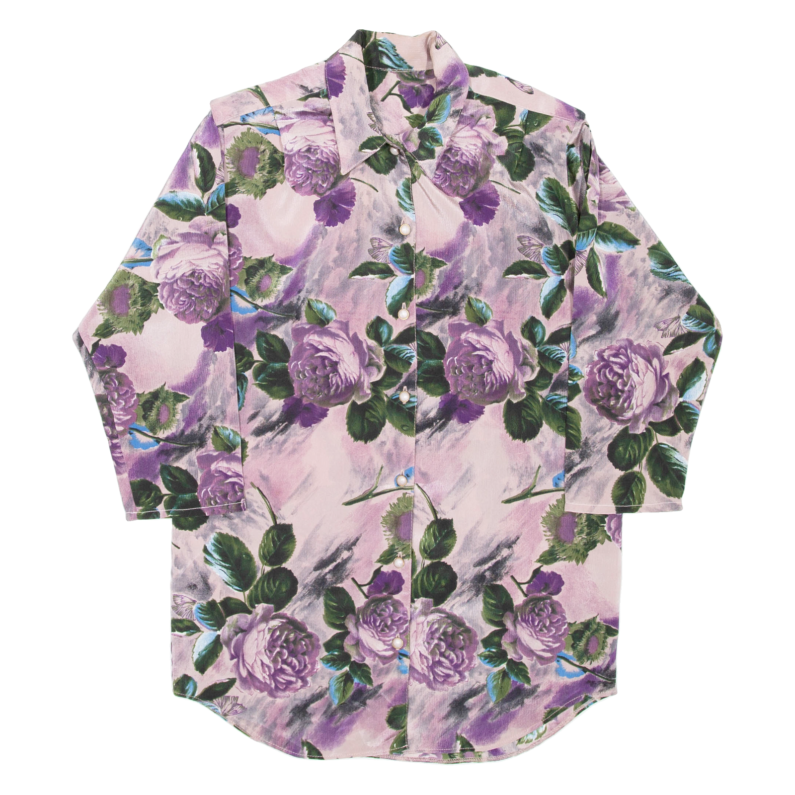 Womens Printed Shirt Purple Collared 3/4 Sleeve Floral M Refurbished - N/A refurbished available on Cerqular