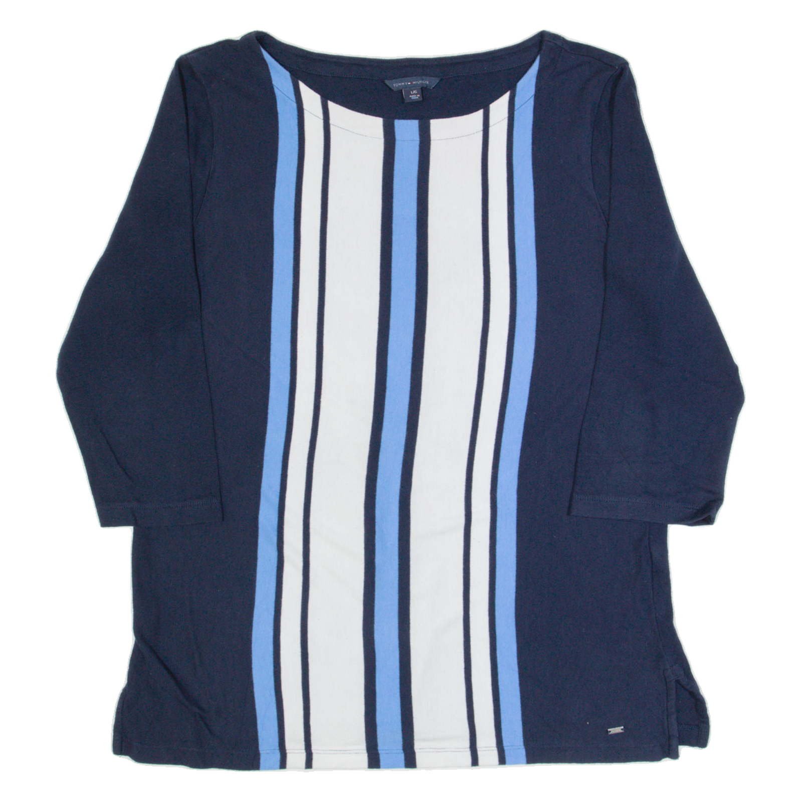 TOMMY HILFIGER Womens Patterned Jumper Blue Striped Tight Knit 3/4 Sleeve L Refurbished - N/A refurbished available on Cerqular