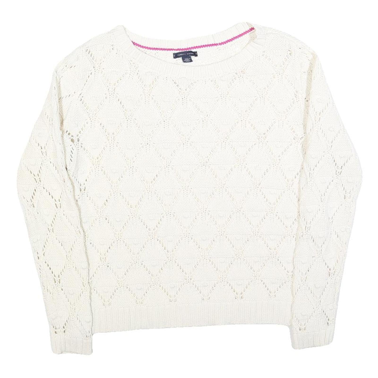 TOMMY HILFIGER Womens White Patterned Jumper Crew Neck Basic Knit L Cotton Blend Refurbished - N/A refurbished available on Cerqular