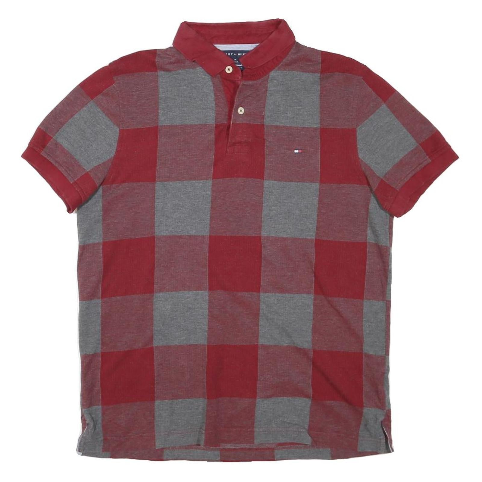 TOMMY HILFIGER Mens Red & Grey Check Short Sleeve Polo Shirt M Cotton Blend Refurbished - N/A refurbished available on Cerqular