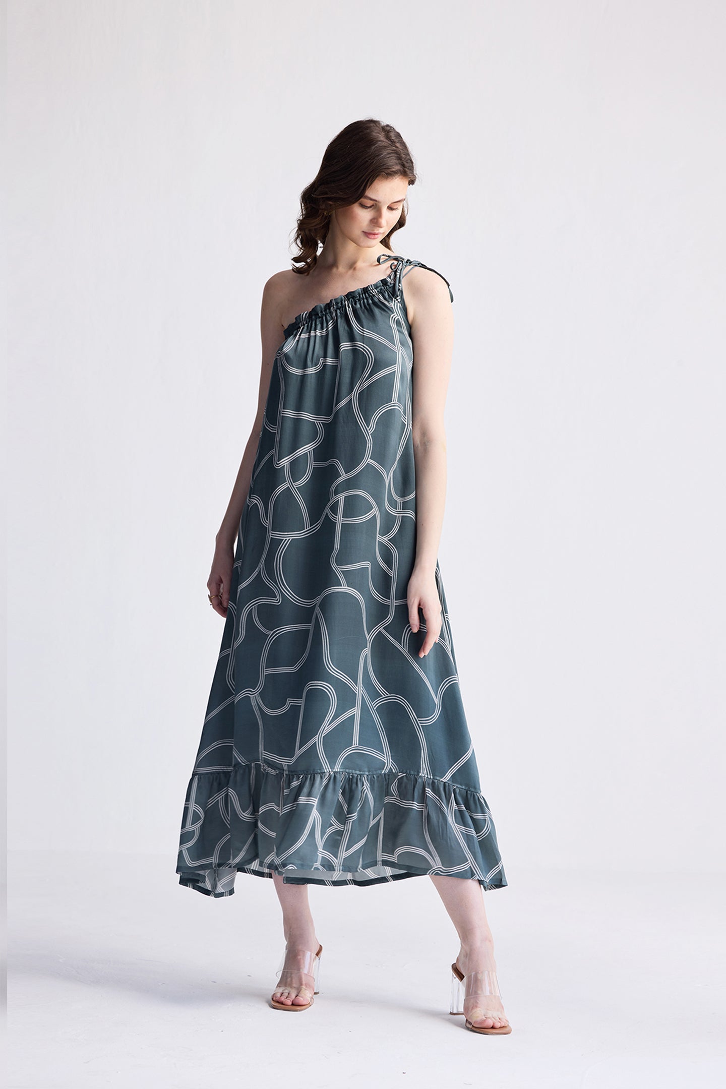One Shoulder Maxi Dress in Abstract Stripes | Color: Twirls and twists | Size: S Refurbished - Resistor (Note: This is a generic term for an electronic component, refurbished available on Cerqular