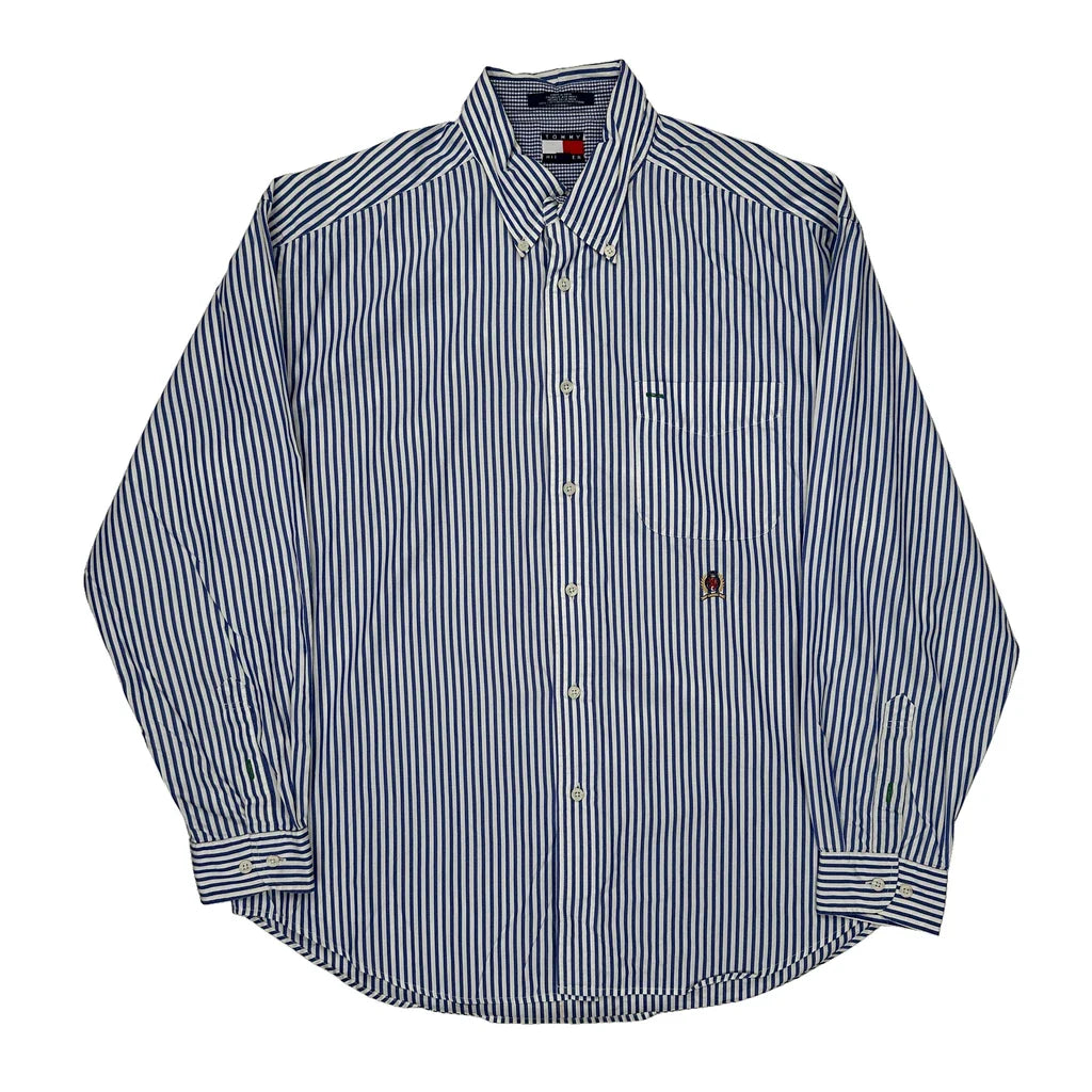 Tommy Hilfiger Striped Shirt - Large Blue Cotton Refurbished - Thrifted (note: this is a term often used to describe second- refurbished available on Cerqular