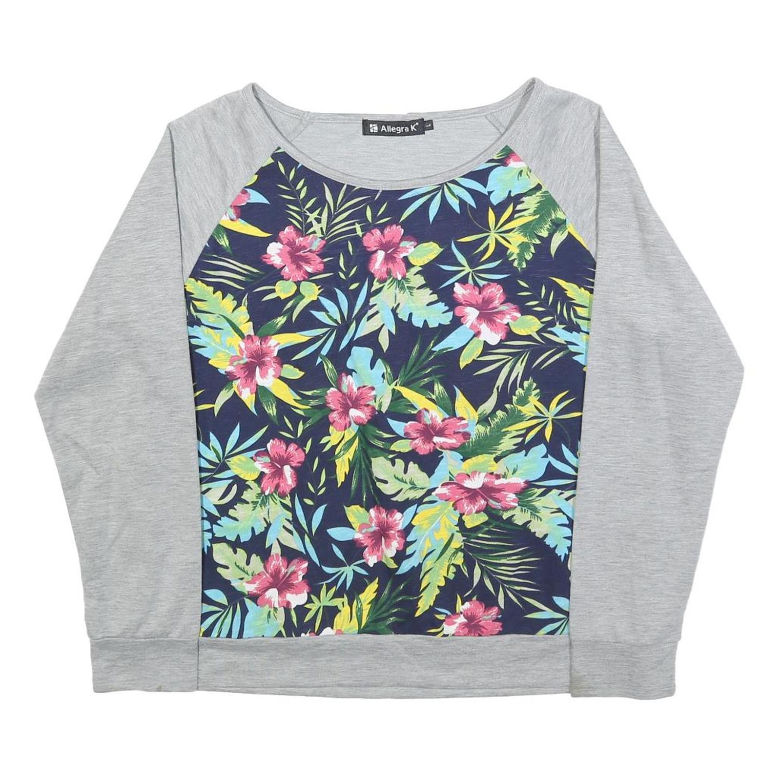 ALLEGRA K Womens Grey & Multicolour Floral Crew Neck L Casual Cotton Blend Refurbished - N/A refurbished available on Cerqular