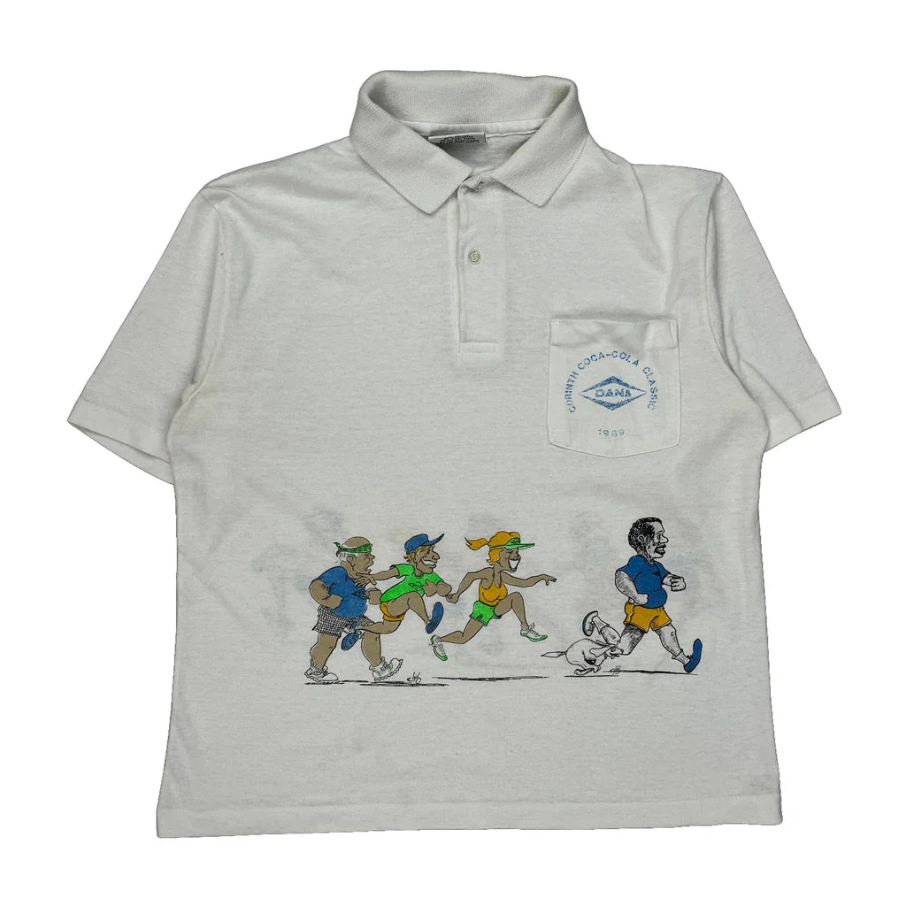 Graphic Coca-Cola Cartoon Polo Shirt - Large White Cotton Refurbished - Thrifted (note: this is a term often used to describe second- refurbished available on Cerqular