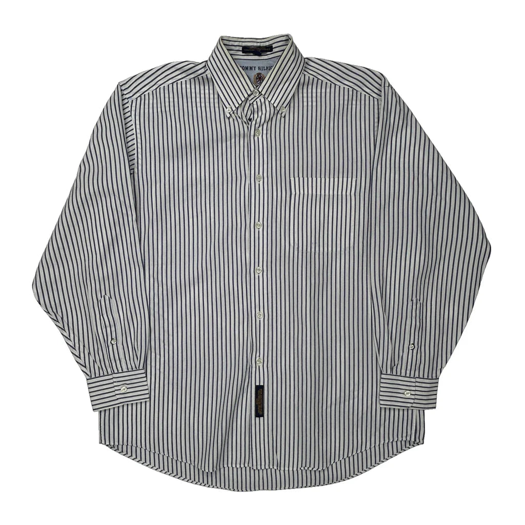 Tommy Hilfiger Striped Shirt - Medium Blue Cotton Refurbished - Thrifted (note: this is a term often used to describe second- refurbished available on Cerqular