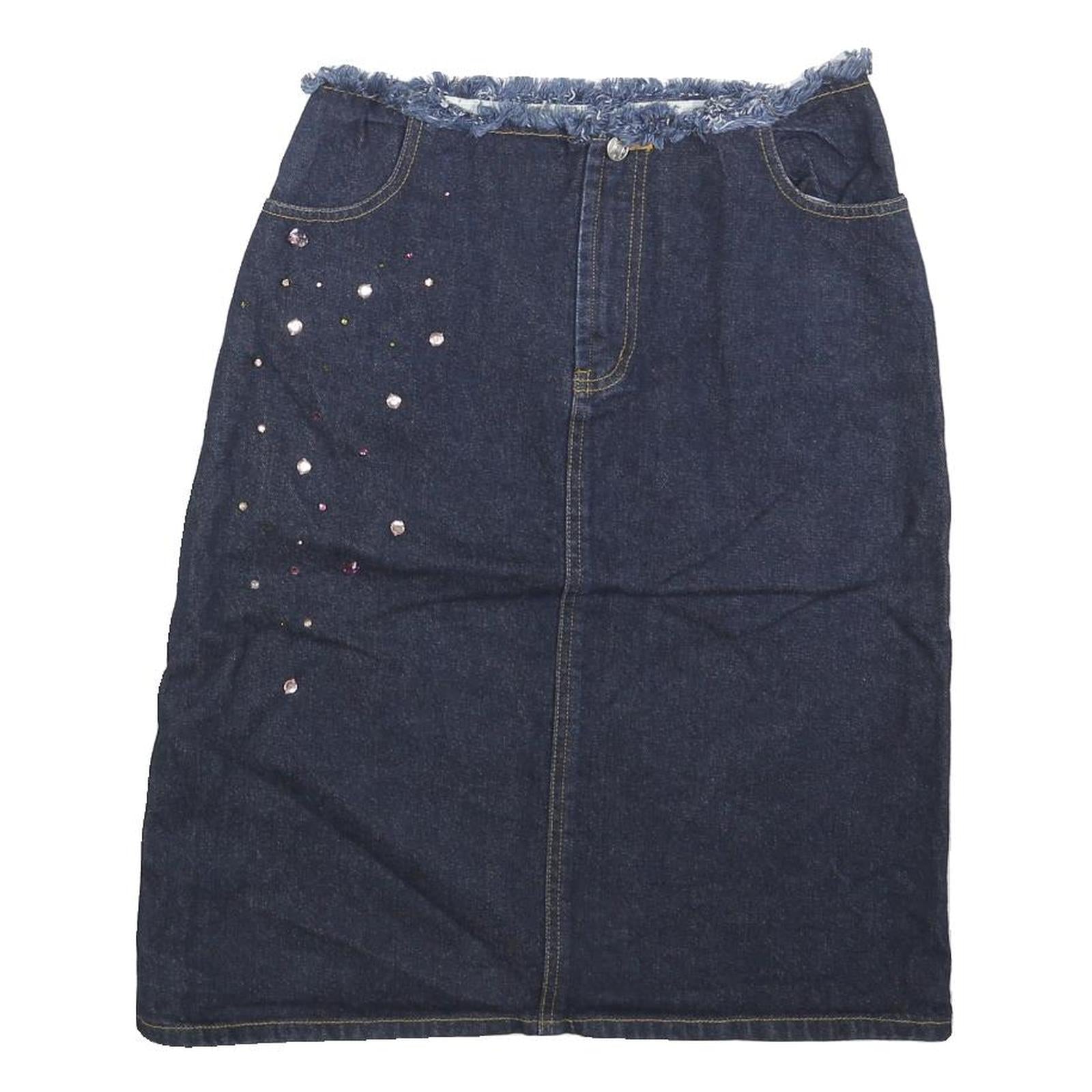 MISS K Womens Blue Denim Embellished Mini Cotton Blend Skirt S Frayed Waist Refurbished - N/A refurbished available on Cerqular