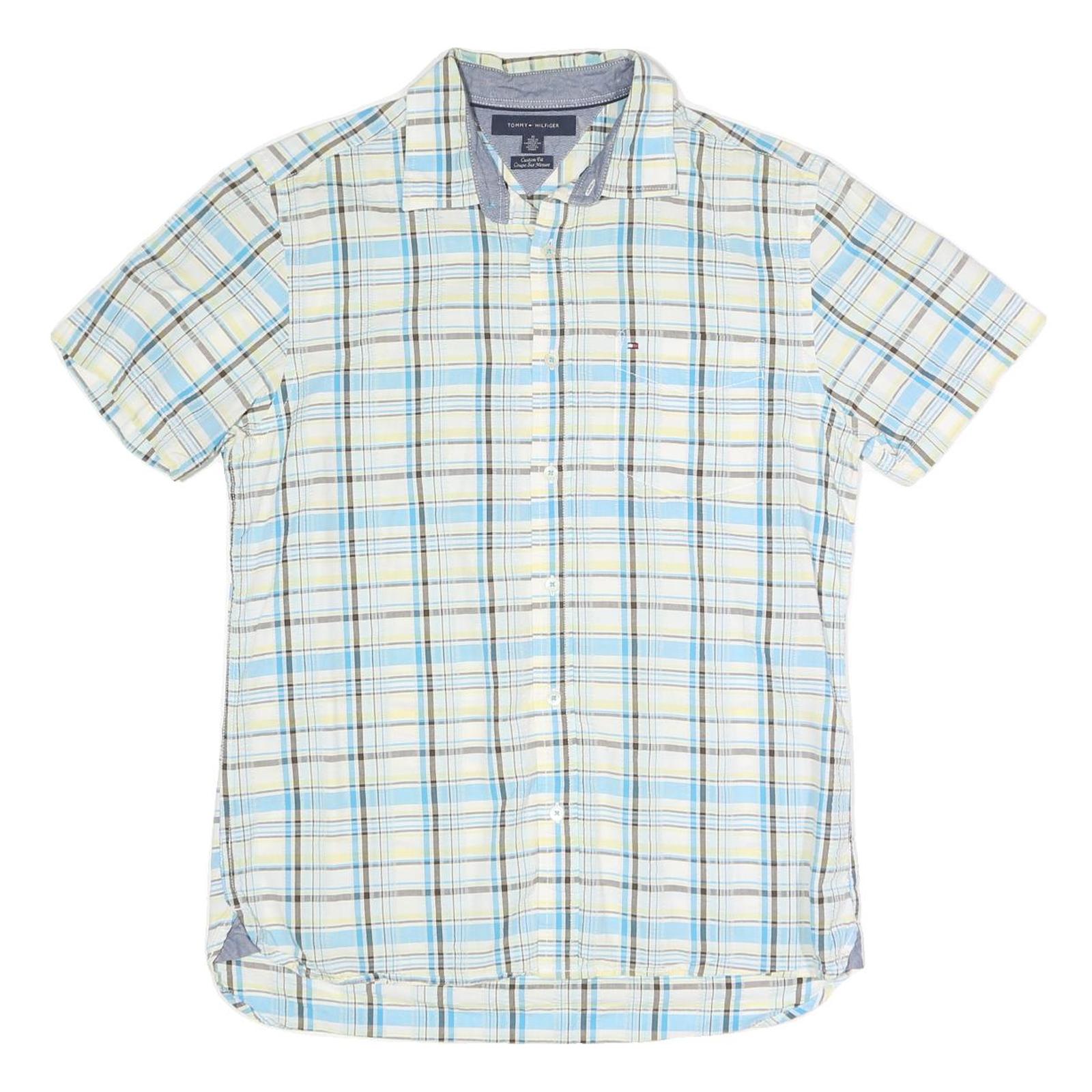 TOMMY HILFIGER Mens Blue Beige Check Shirt M Cotton Blend Short Sleeve Casual Refurbished - N/A refurbished available on Cerqular