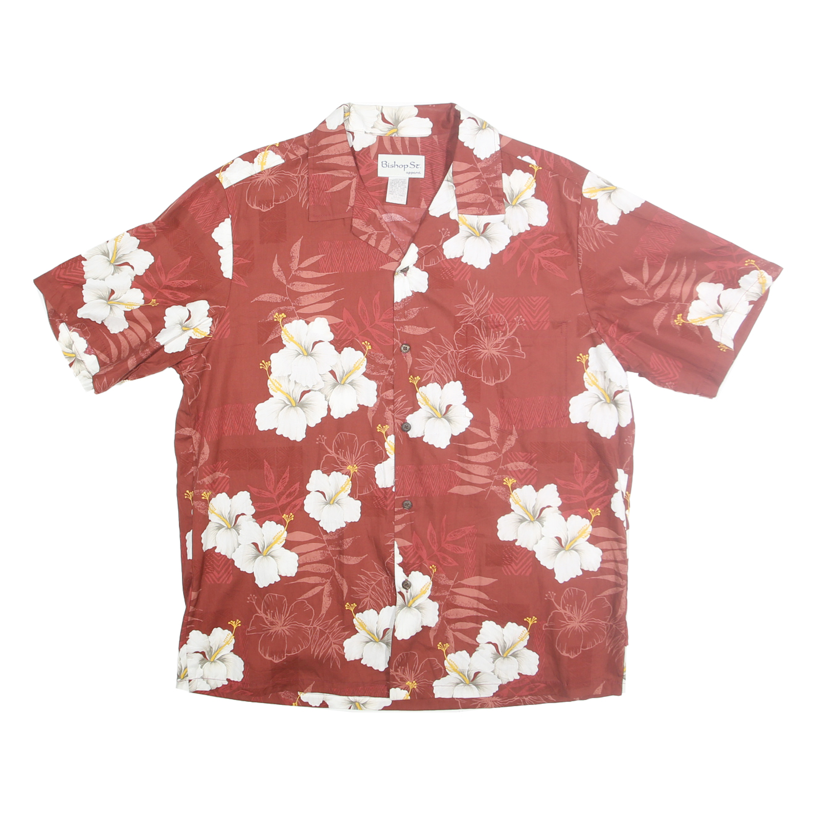 BISHOP ST Mens Rust & White Floral Cotton Shirt L Hawaiian Style Casual Refurbished - N/A refurbished available on Cerqular