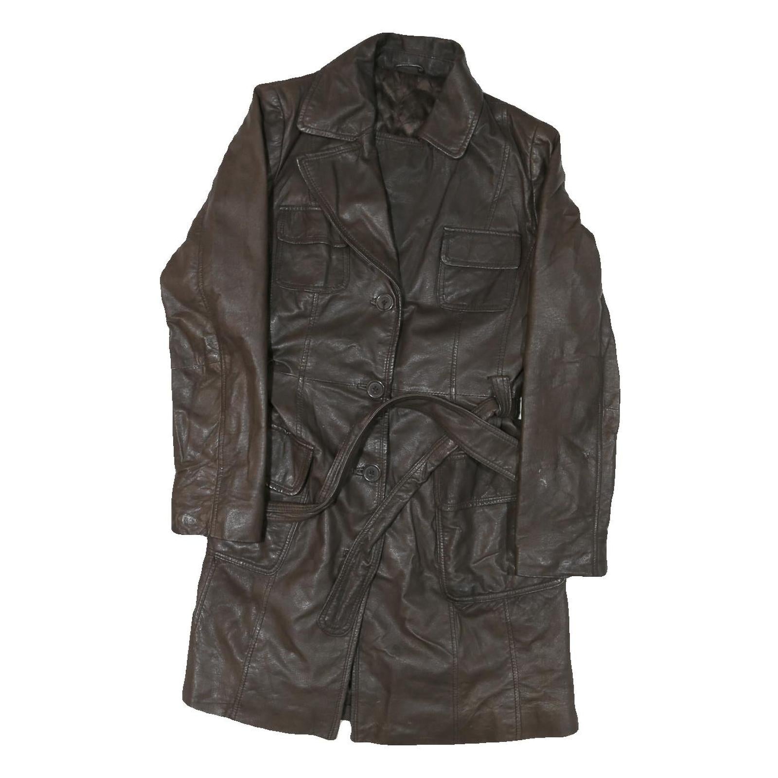 Womens Brown Leather Button Jacket M Plain Classic Fit Belted Refurbished - N/A refurbished available on Cerqular
