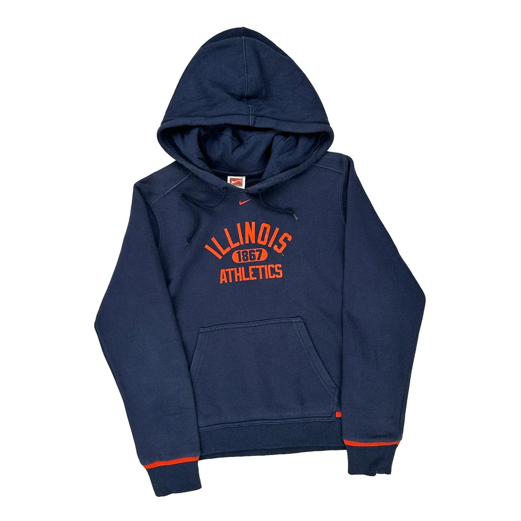 Illinois Athletics Nike College Hoodie - Medium Navy Cotton Blend Refurbished - Thrifted (note: this is a term often used to describe second- refurbished available on Cerqular