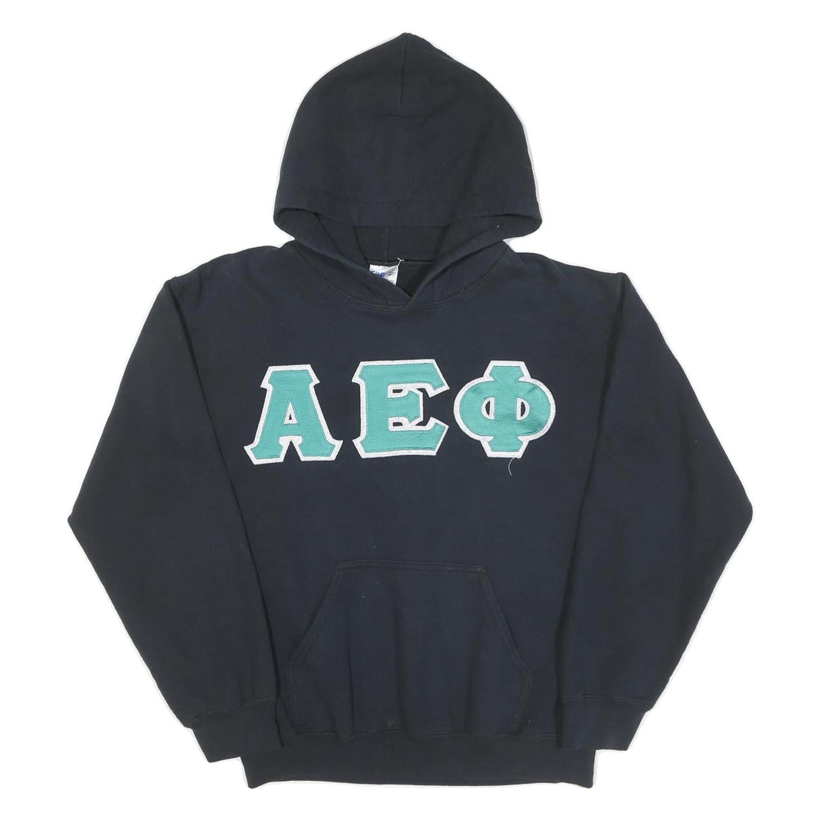 Mens Black Cotton Hoodie Greek Letter Pullover S Embroidered Vintage Style Refurbished - N/A refurbished available on Cerqular