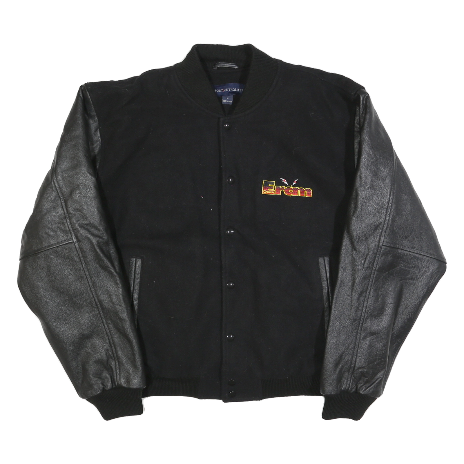 PORT AUTHORITY Mens Black Wool Button Jacket M Bomber Sleeve Leather Patchwork Refurbished - N/A refurbished available on Cerqular