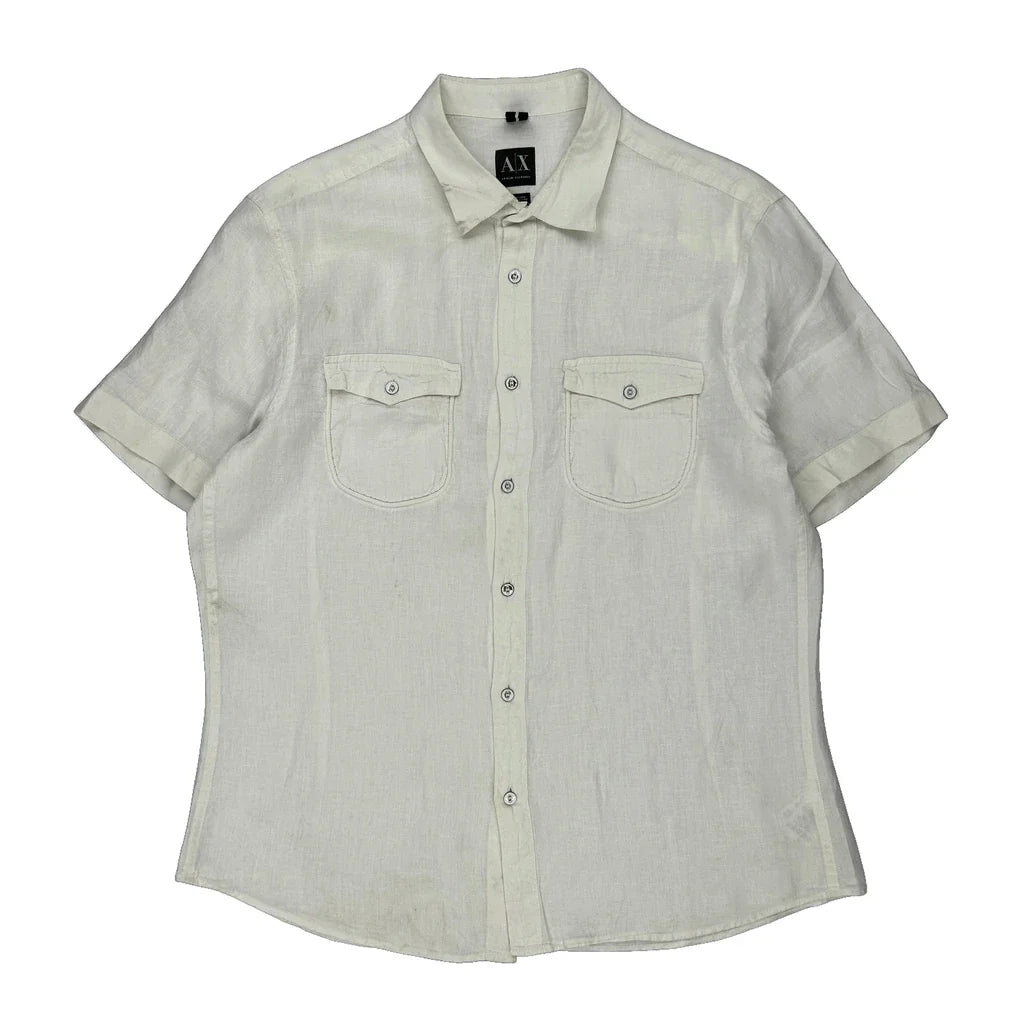 Armani Exchange Short Sleeve Shirt - Large White Linen Refurbished - Thrifted (note: this is a term often used to describe second- refurbished available on Cerqular