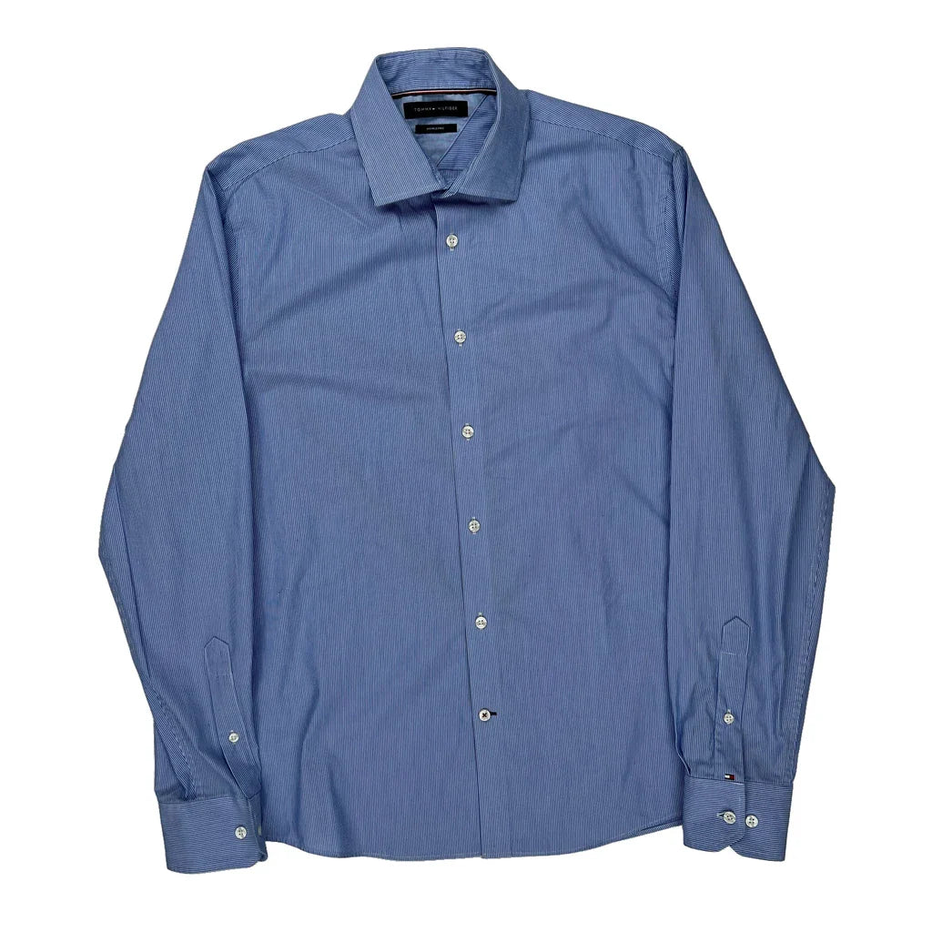Tommy Hilfiger Striped Shirt - Medium Blue Cotton Refurbished - Thrifted (note: this is a term often used to describe second- refurbished available on Cerqular