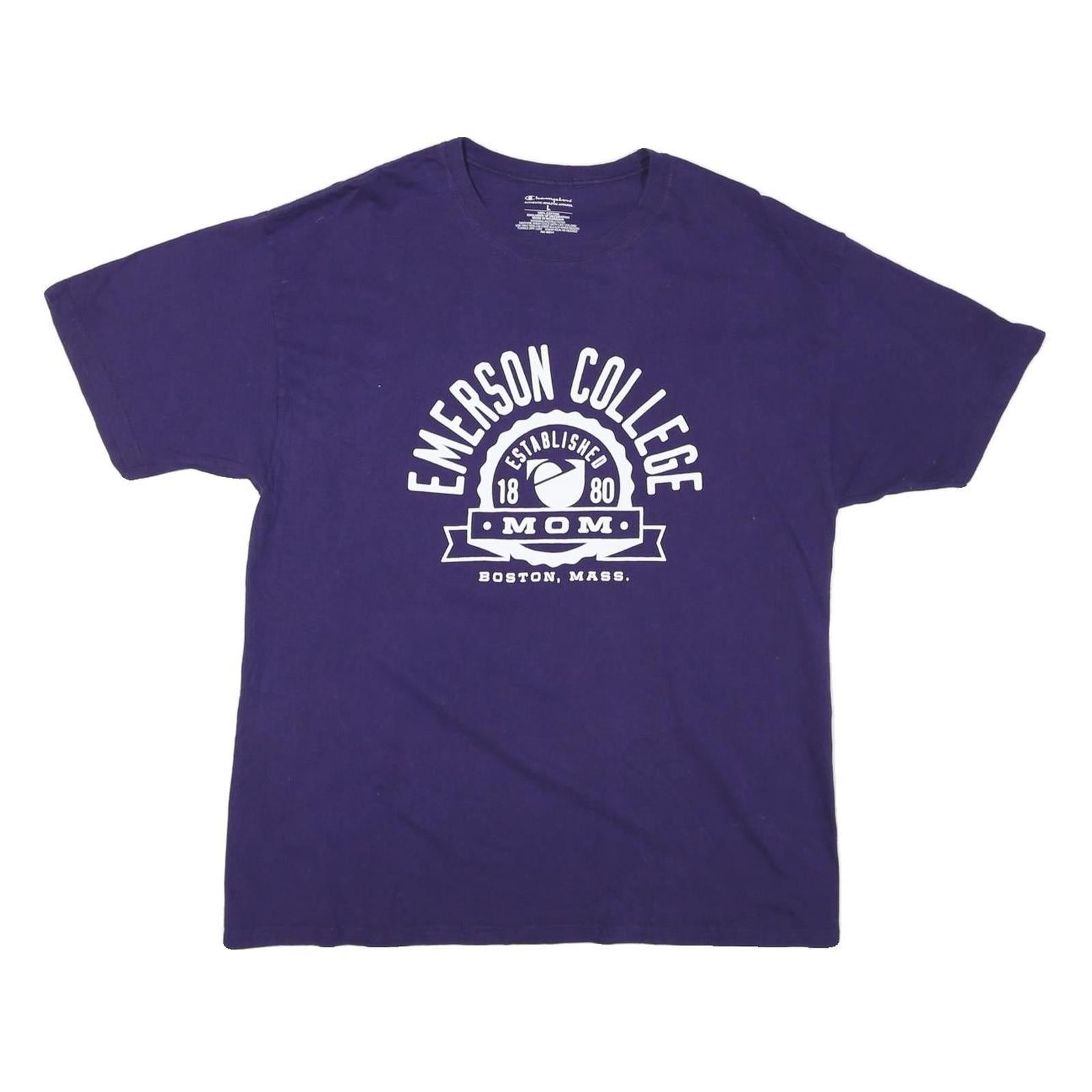 CHAMPION Mens Blue Emerson College Graphic T-Shirt L Short Sleeve Crew Neck Refurbished - N/A refurbished available on Cerqular