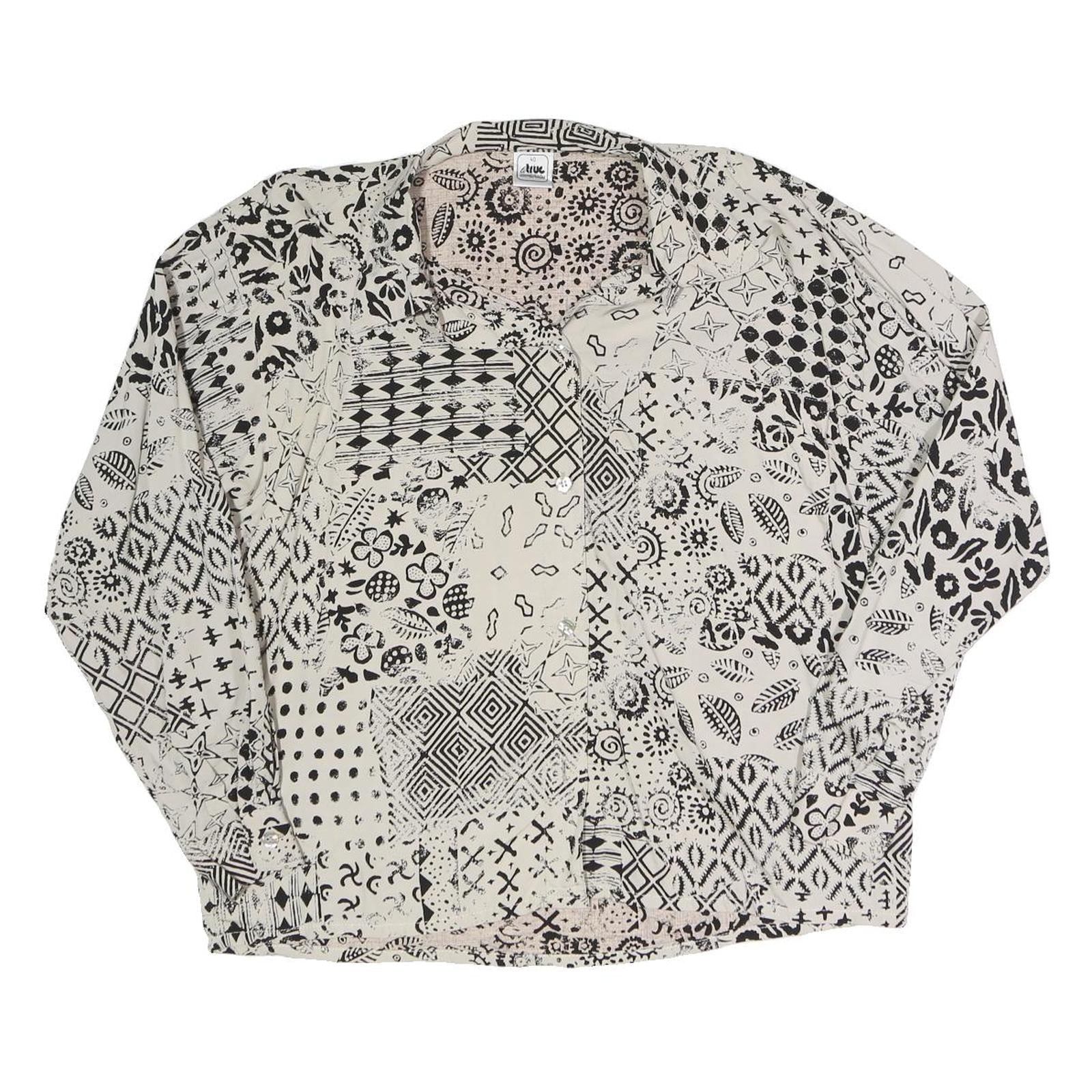 TRUE Womens Cream Black Printed Blouse Long Sleeve Collared M Polyester Blend Refurbished - N/A refurbished available on Cerqular