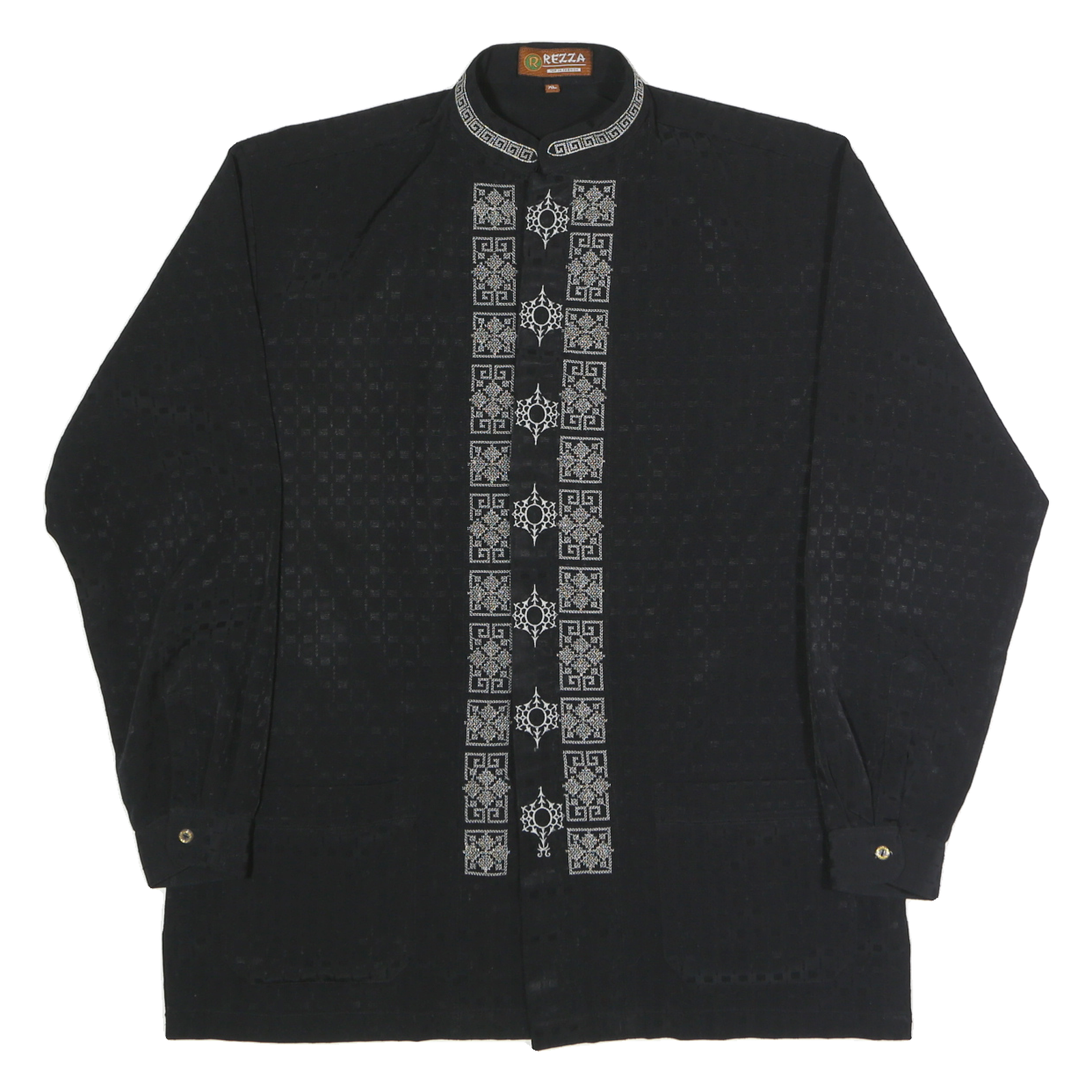 REZZA Mens Black Shirt M Cotton Blend Embroidered Pattern Stand-Up Collar Refurbished - N/A refurbished available on Cerqular