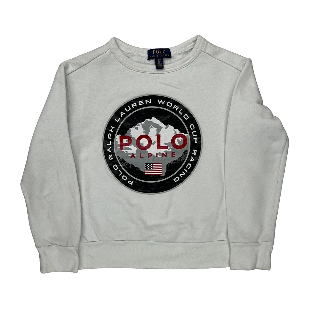 Age 6-7 Polo By Ralph Lauren Graphic Sweatshirt - Small White Cotton Refurbished - Thrifted (note: this is a term often used to describe second- refurbished available on Cerqular