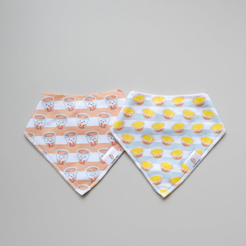 Organic Cotton Bandana Bibs 2pcs Set - Milk Tea + Egg Tart Combo | Design: Takoyaki + Taiyaki Refurbished - The Wee Bean refurbished available on Cerqular