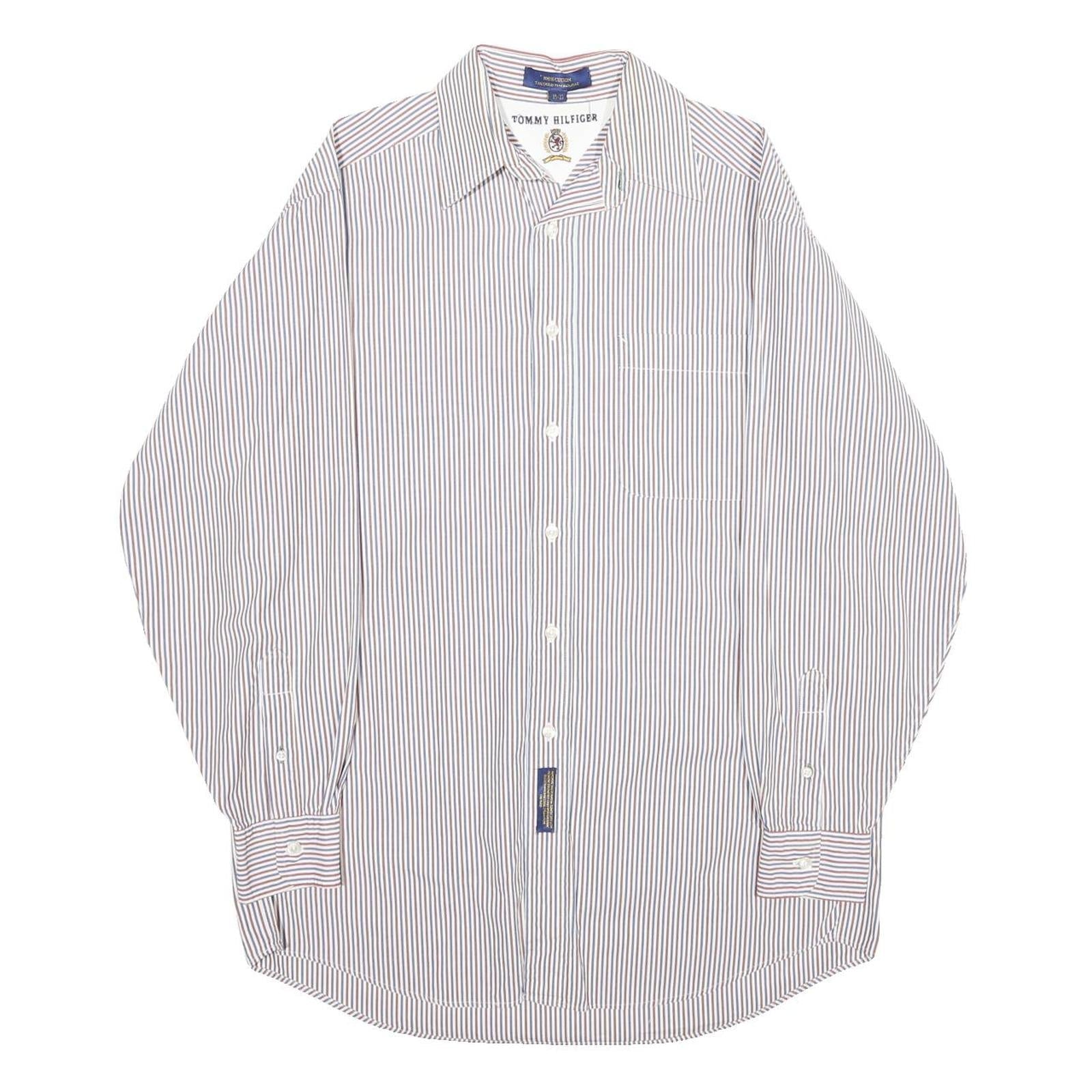 TOMMY HILFIGER Mens White & Brown Stripe Shirt Cotton Long Sleeve Button Shirt L Refurbished - N/A refurbished available on Cerqular